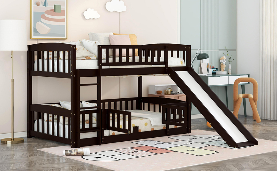 Twin over Twin Low Bunk Bed with Slide, Fence and Ladder - Espresso