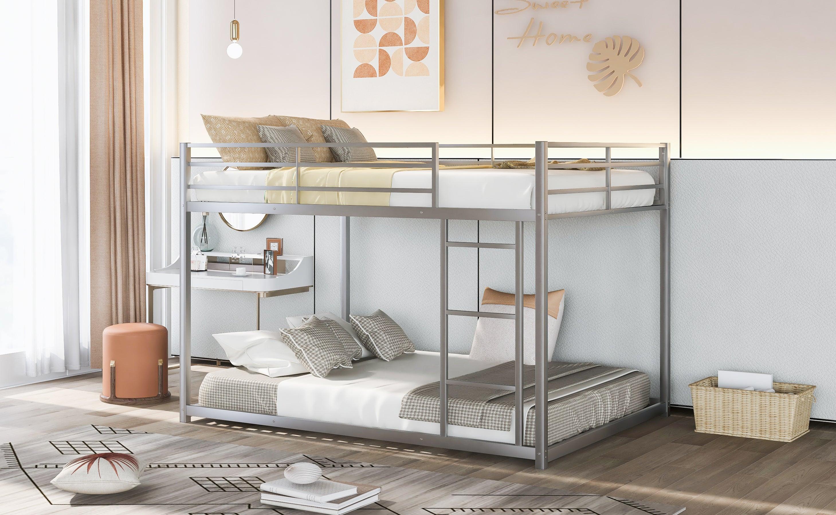 Full over Full Low Metal Bunk Bed with Ladder and Guardrail - Silver