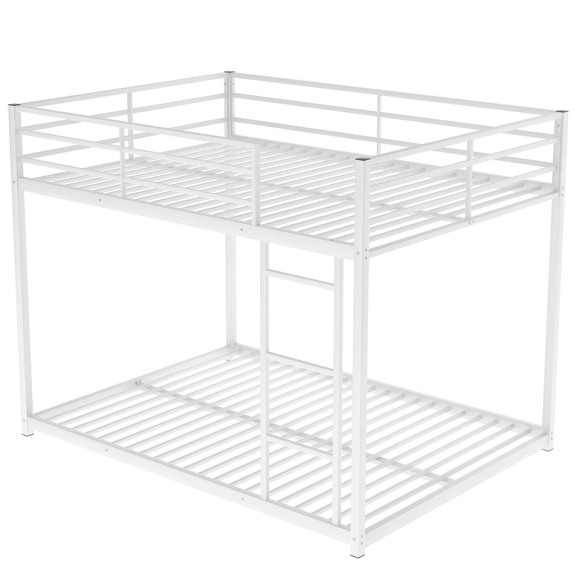 Full over Full Low Metal Bunk Bed with Ladder and Guardrail - White