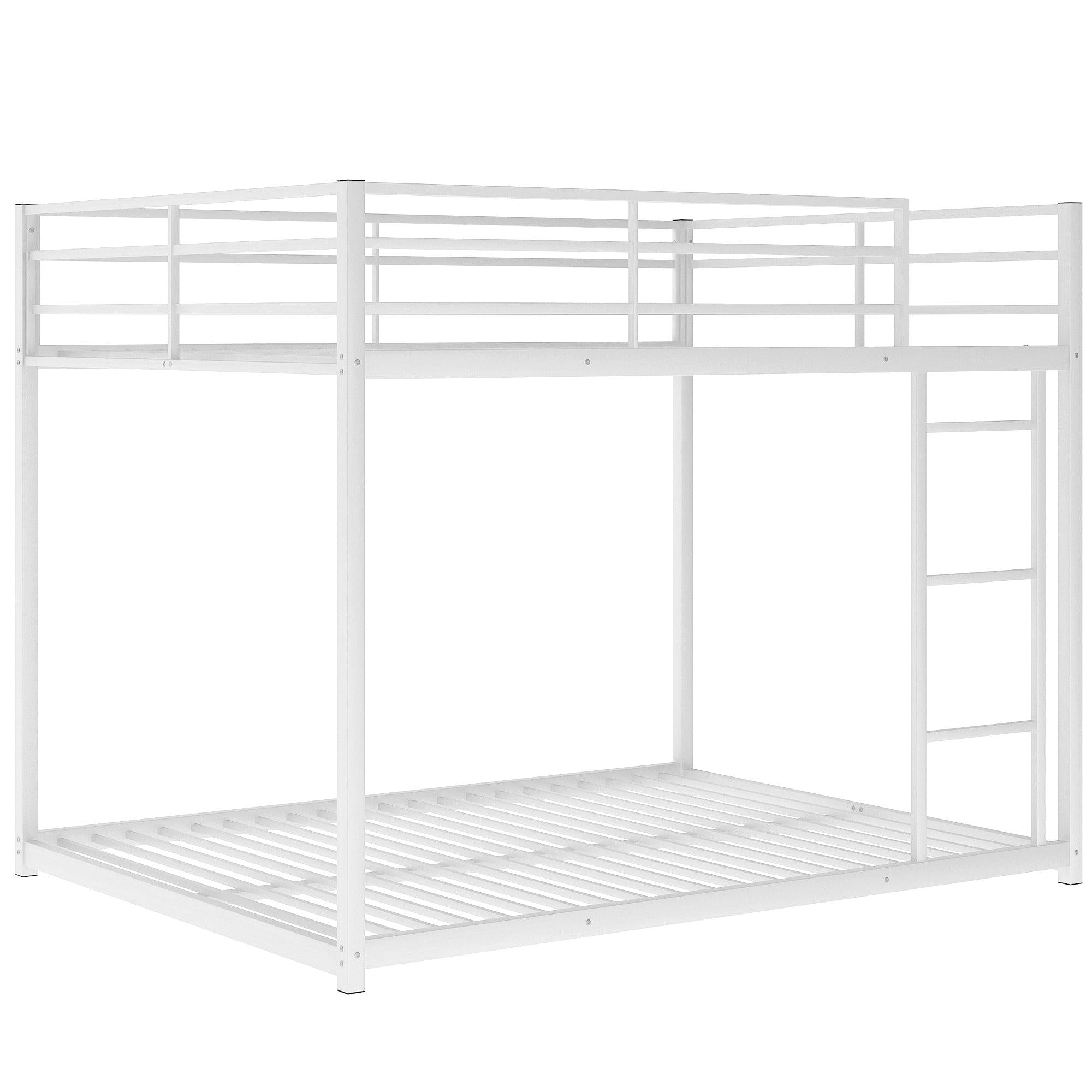 Full over Full Low Metal Bunk Bed with Ladder and Guardrail - White