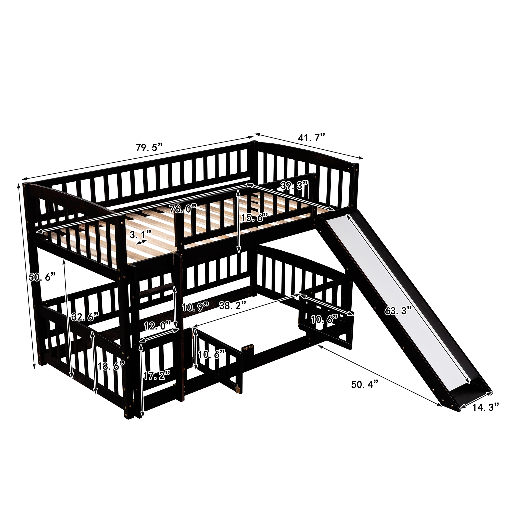 Twin over Twin Low Bunk Bed with Slide, Fence and Ladder - Espresso