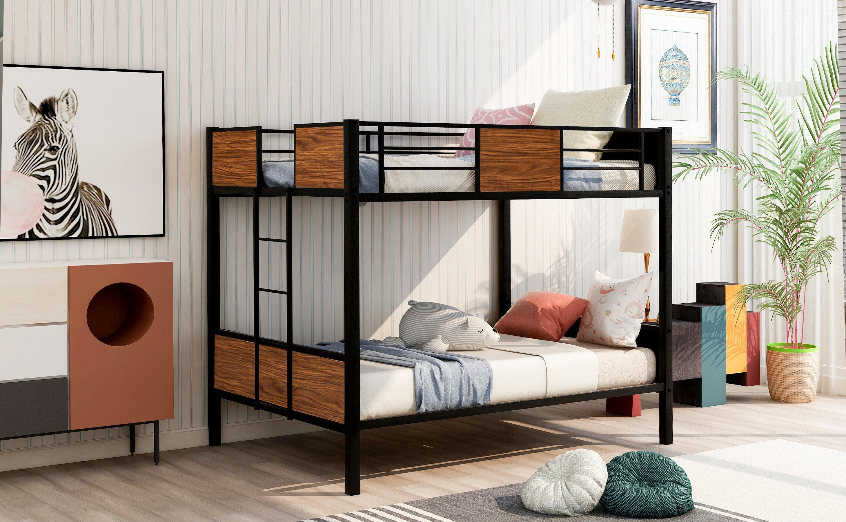 Modern Style Full over Full Metal Bunk Bed Safety Rail and Built-in Ladder