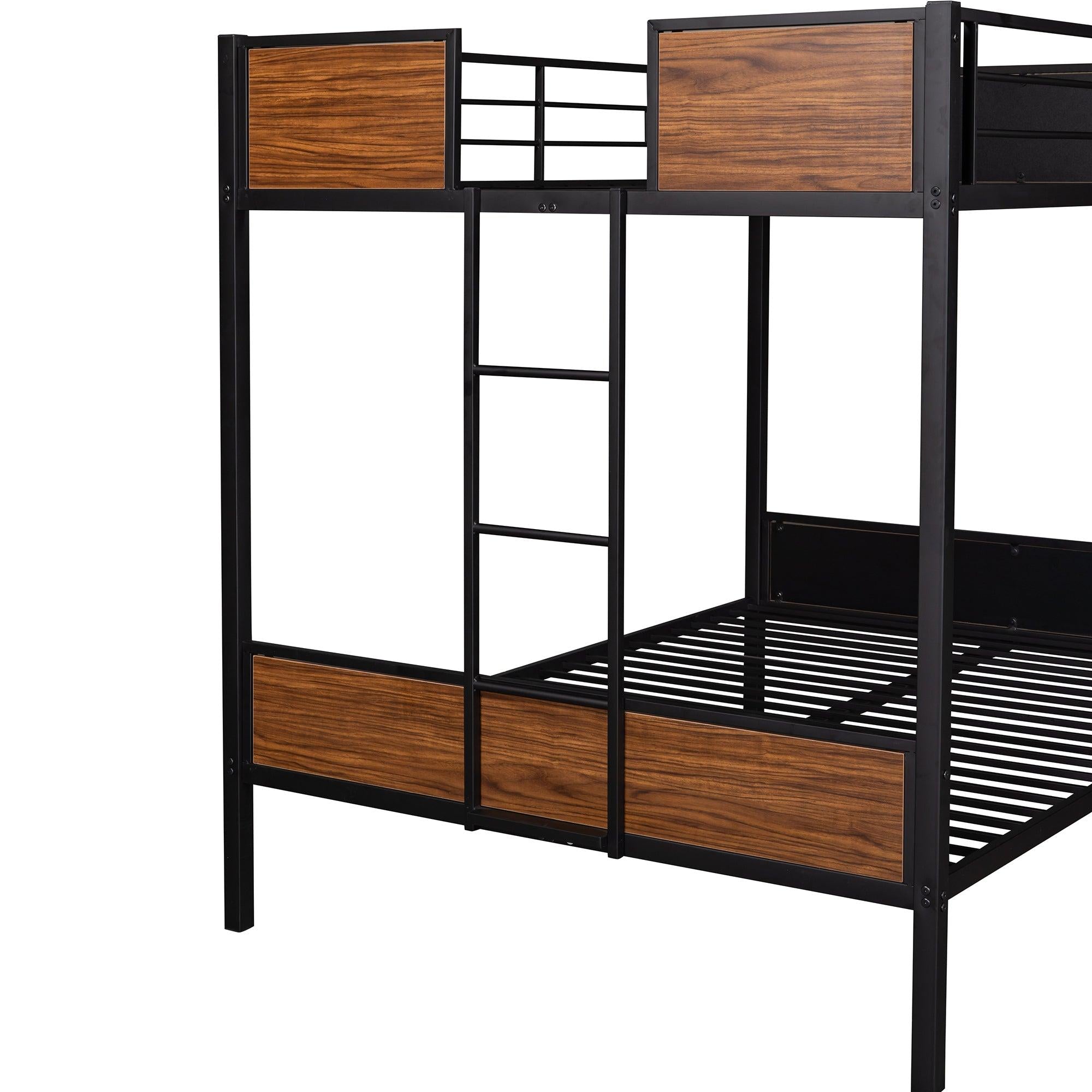 Modern Style Full over Full Metal Bunk Bed Safety Rail and Built-in Ladder