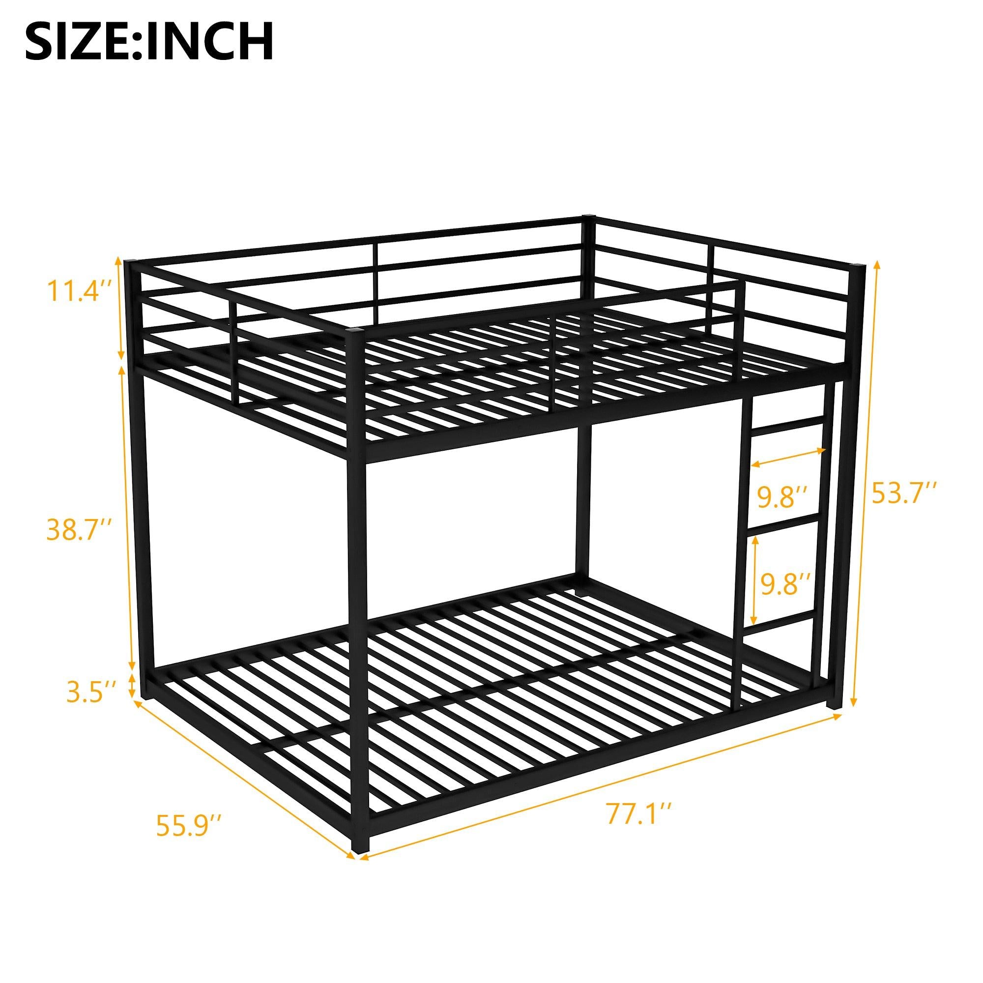 Full over Full Low Metal Bunk Bed with Ladder and Guardrail - Black