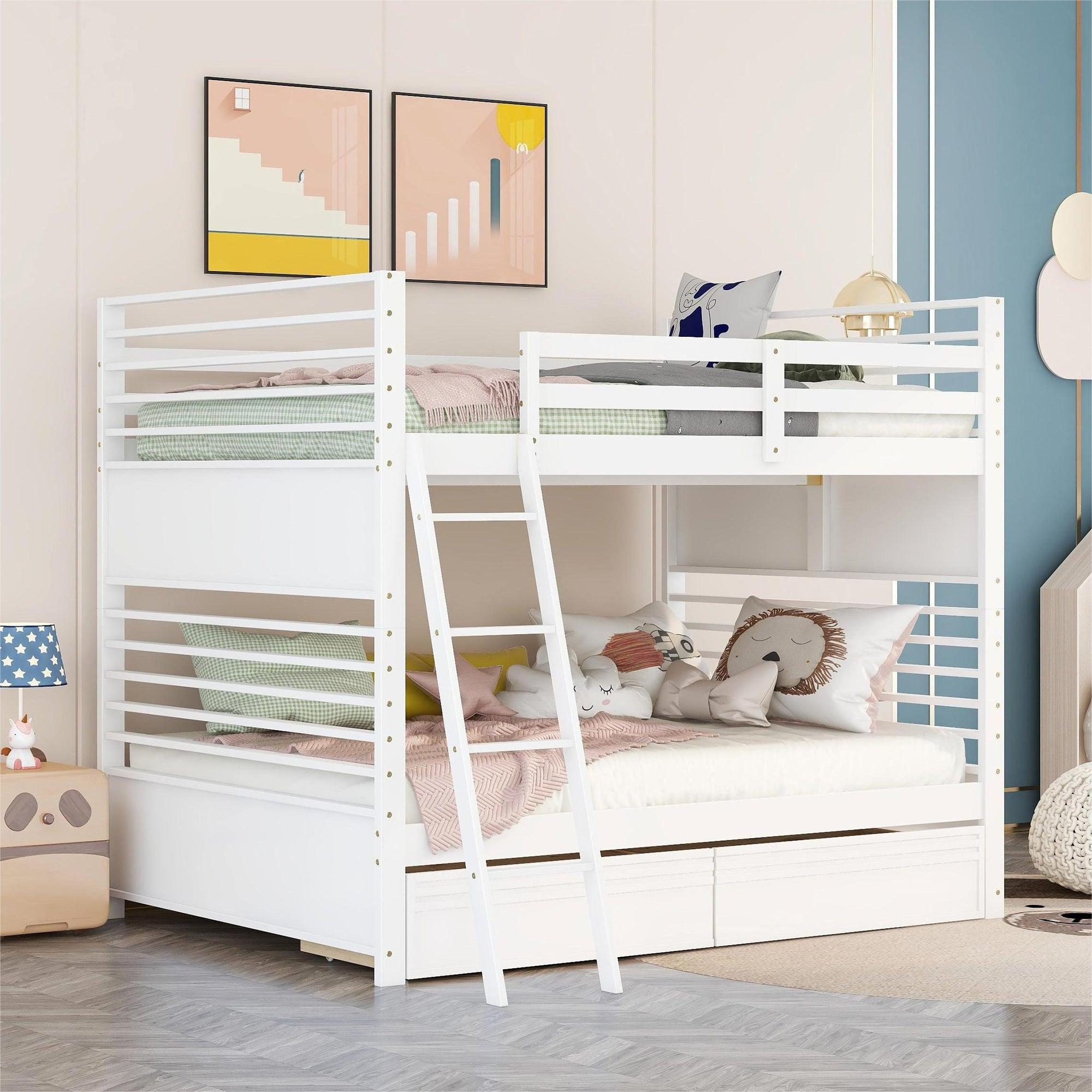 Full over Full Bunk Bed with Drawers, Ladder, Head and Footboard - White image