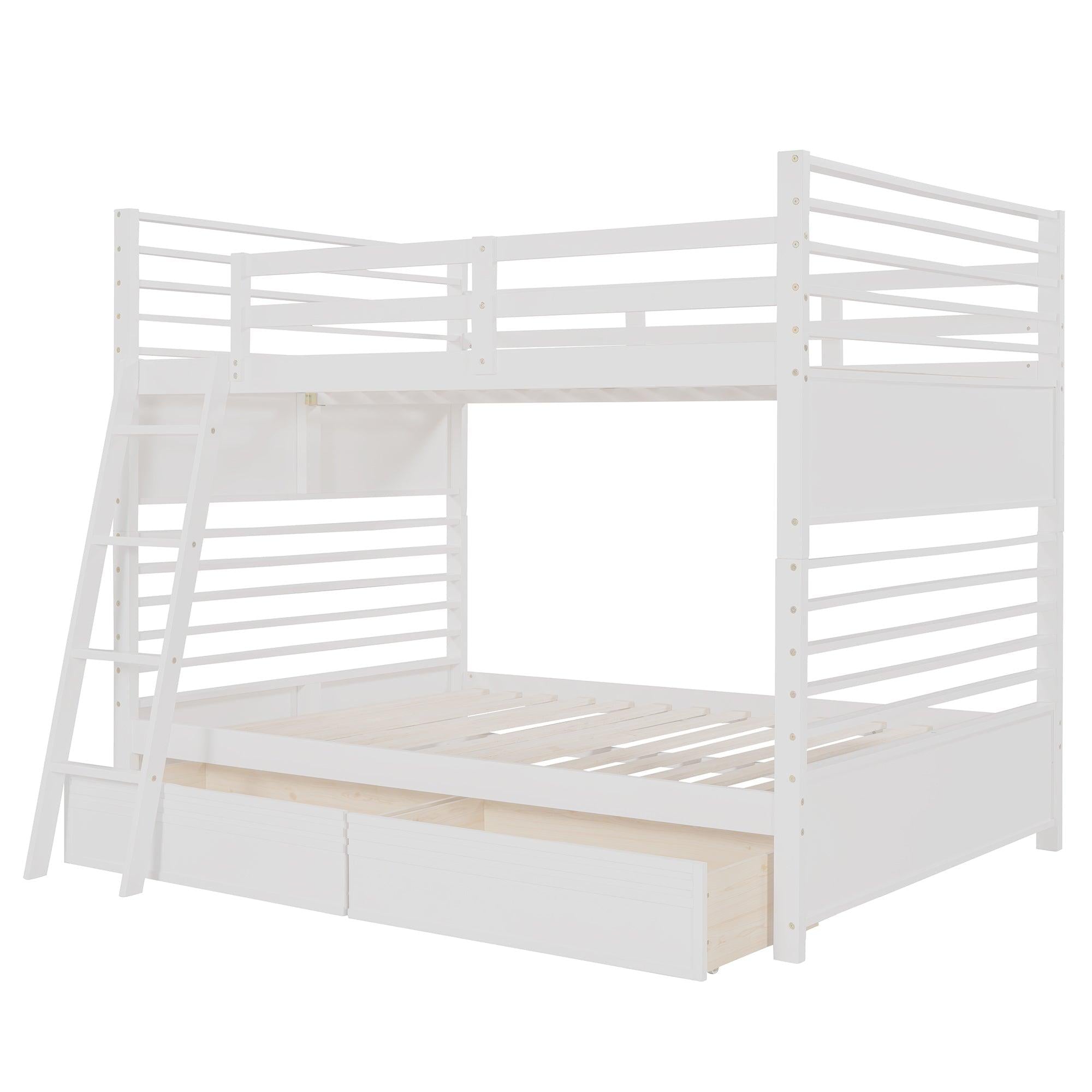 Full over Full Bunk Bed with Drawers, Ladder, Head and Footboard - White