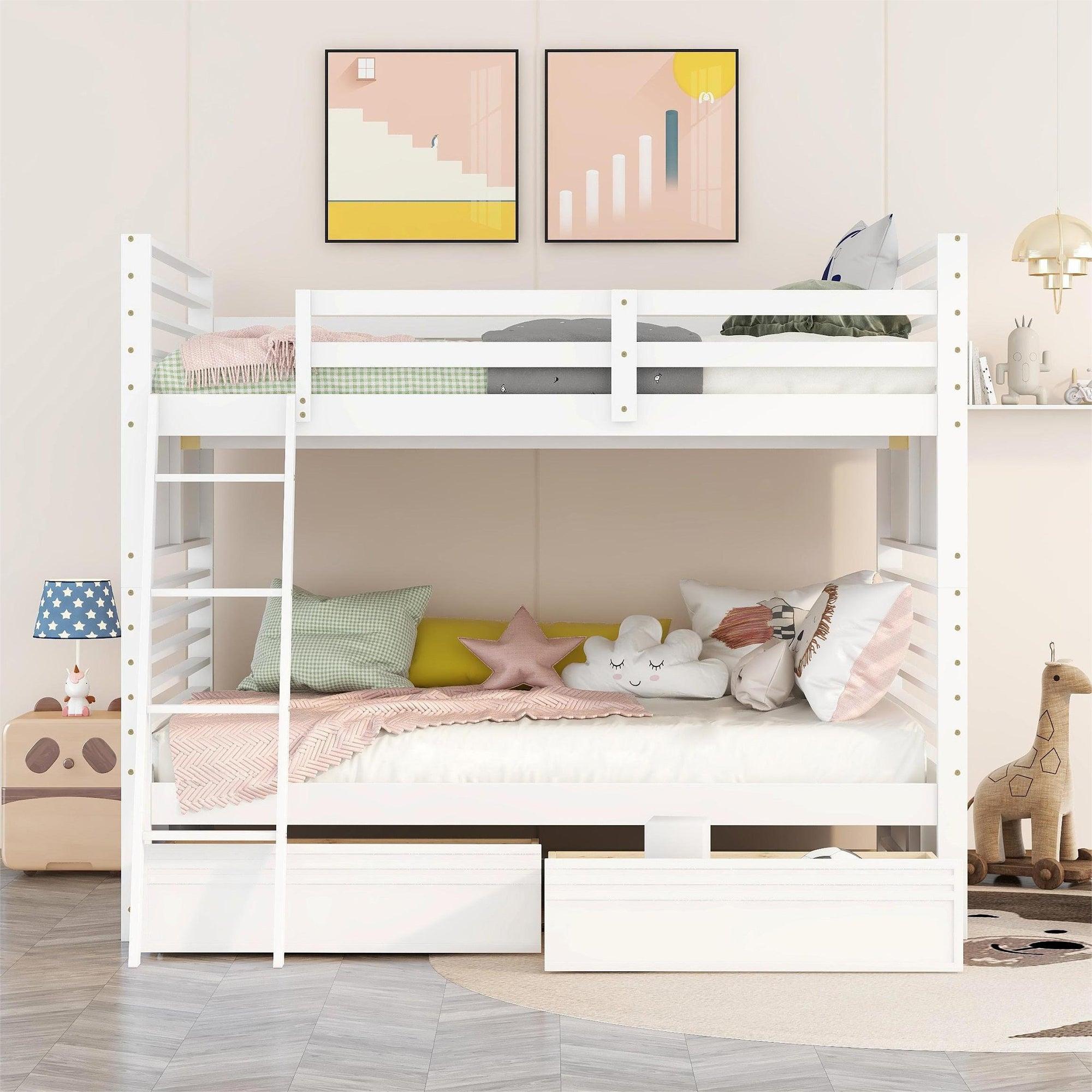 Full over Full Bunk Bed with Drawers, Ladder, Head and Footboard - White