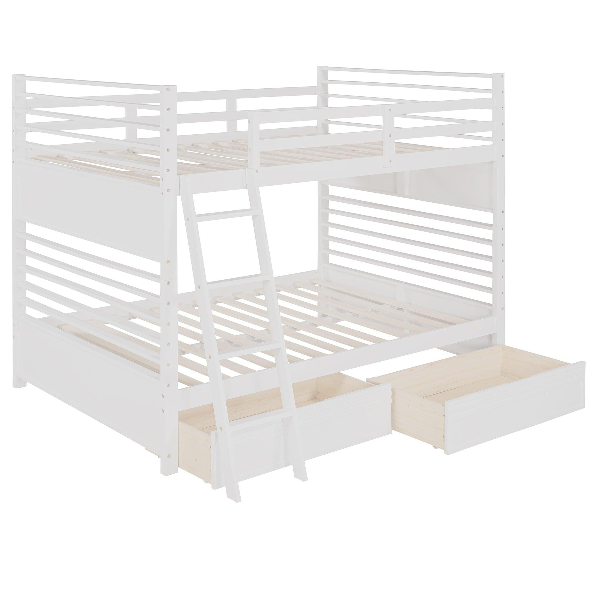 Full over Full Bunk Bed with Drawers, Ladder, Head and Footboard - White