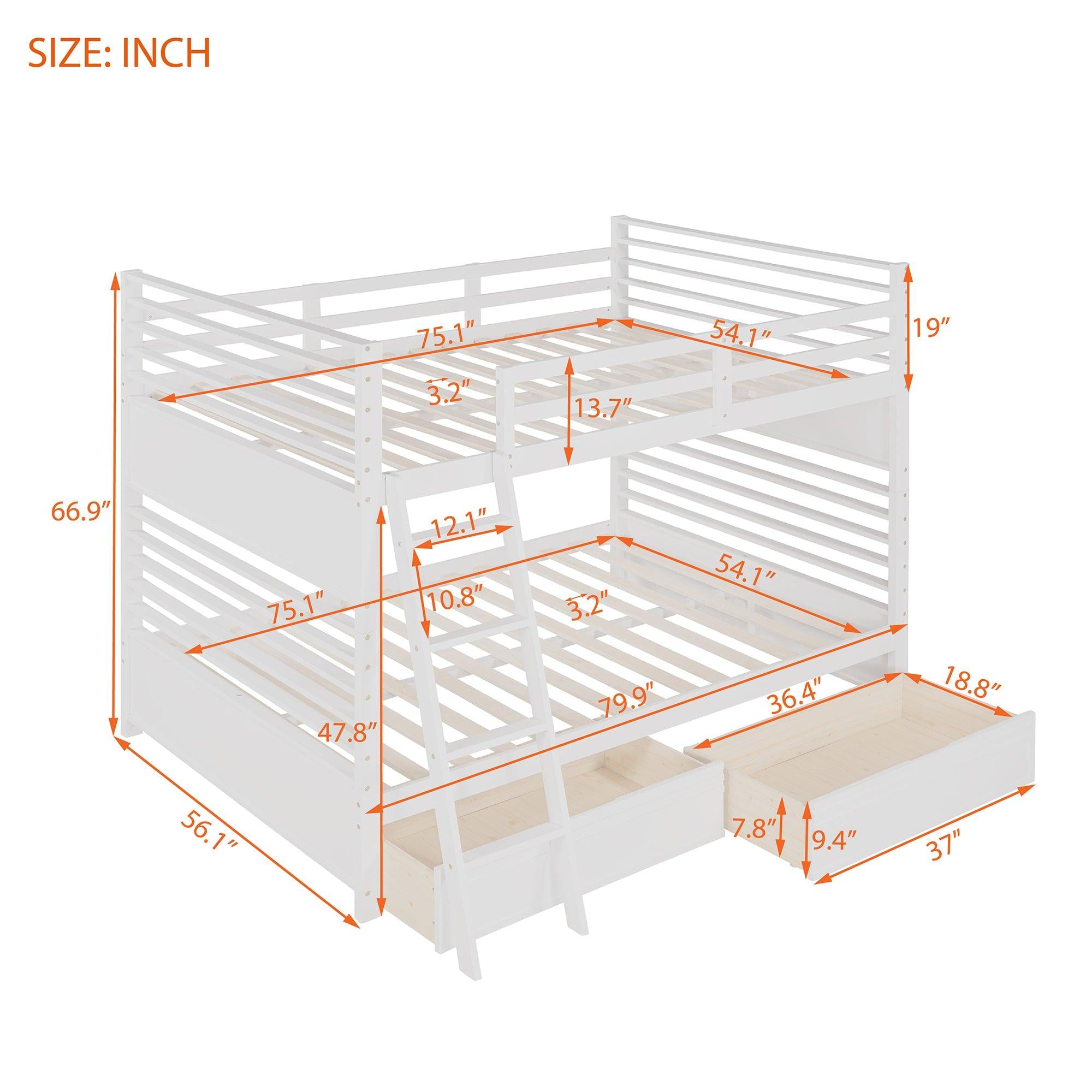 Full over Full Bunk Bed with Drawers, Ladder, Head and Footboard - White