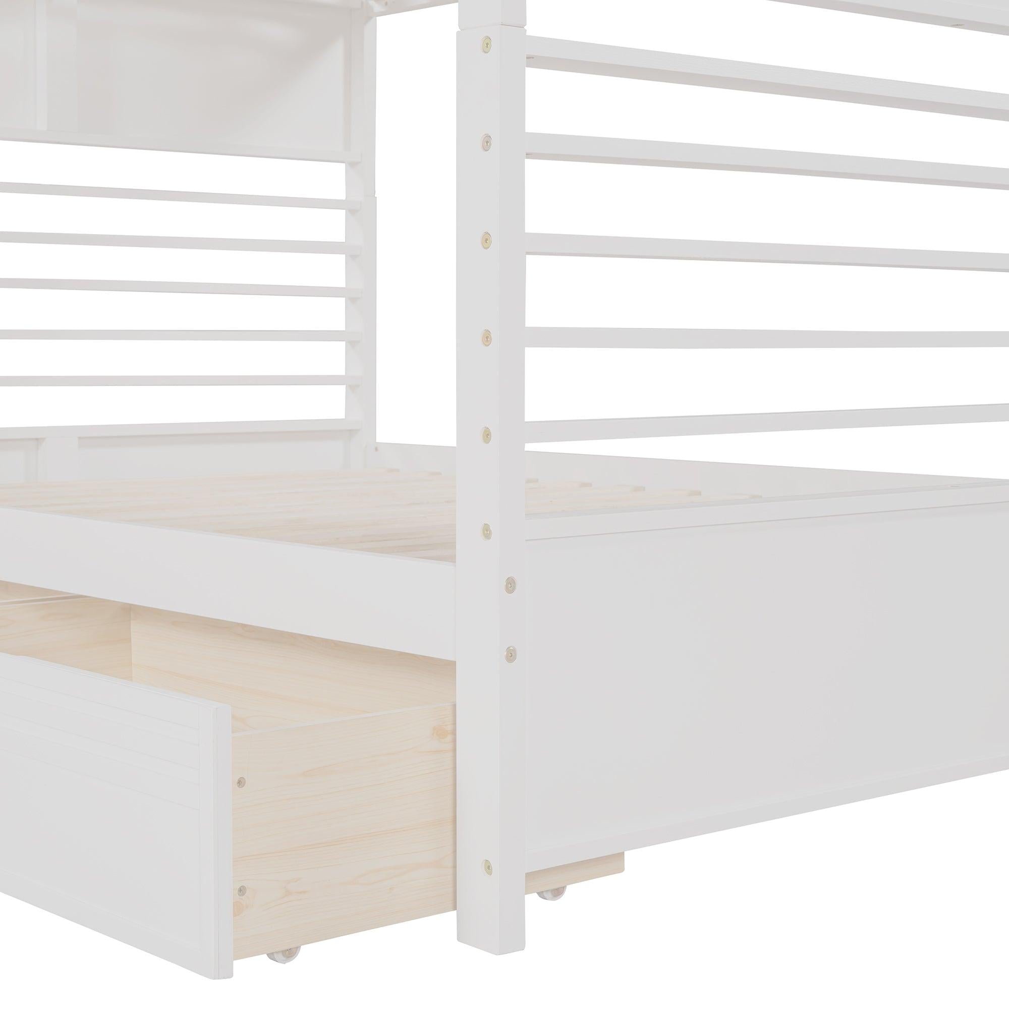 Full over Full Bunk Bed with Drawers, Ladder, Head and Footboard - White