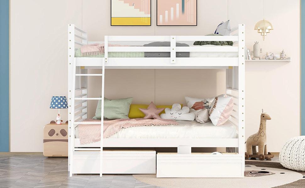 Full over Full Bunk Bed with Drawers, Ladder, Head and Footboard - White