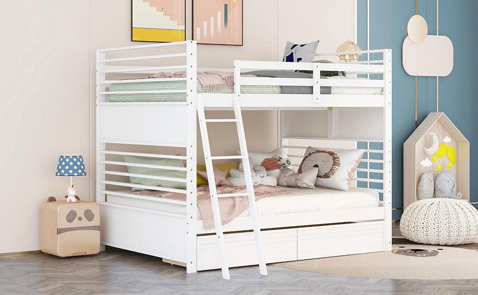 Full over Full Bunk Bed with Drawers, Ladder, Head and Footboard - White