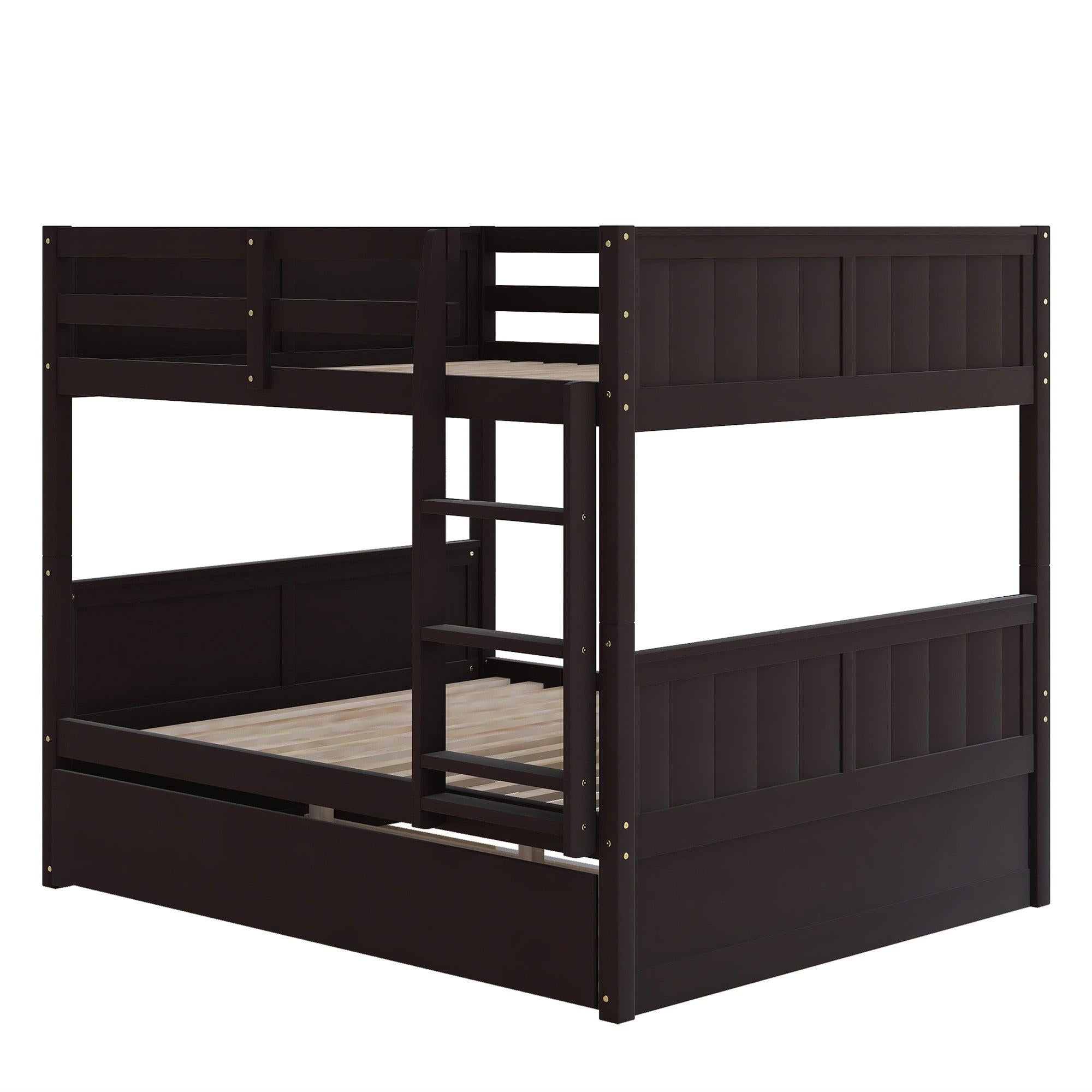 Full Over Full Bunk Bed with Twin Size Trundle, Ladder, Head and Footboard - Espresso