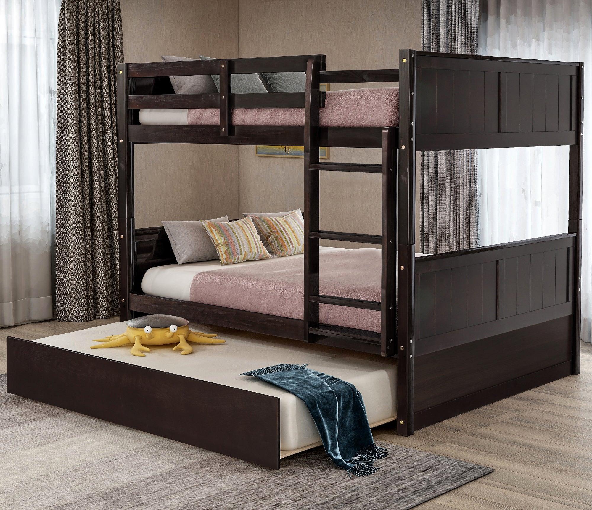 Full Over Full Bunk Bed with Twin Size Trundle, Ladder, Head and Footboard - Espresso image