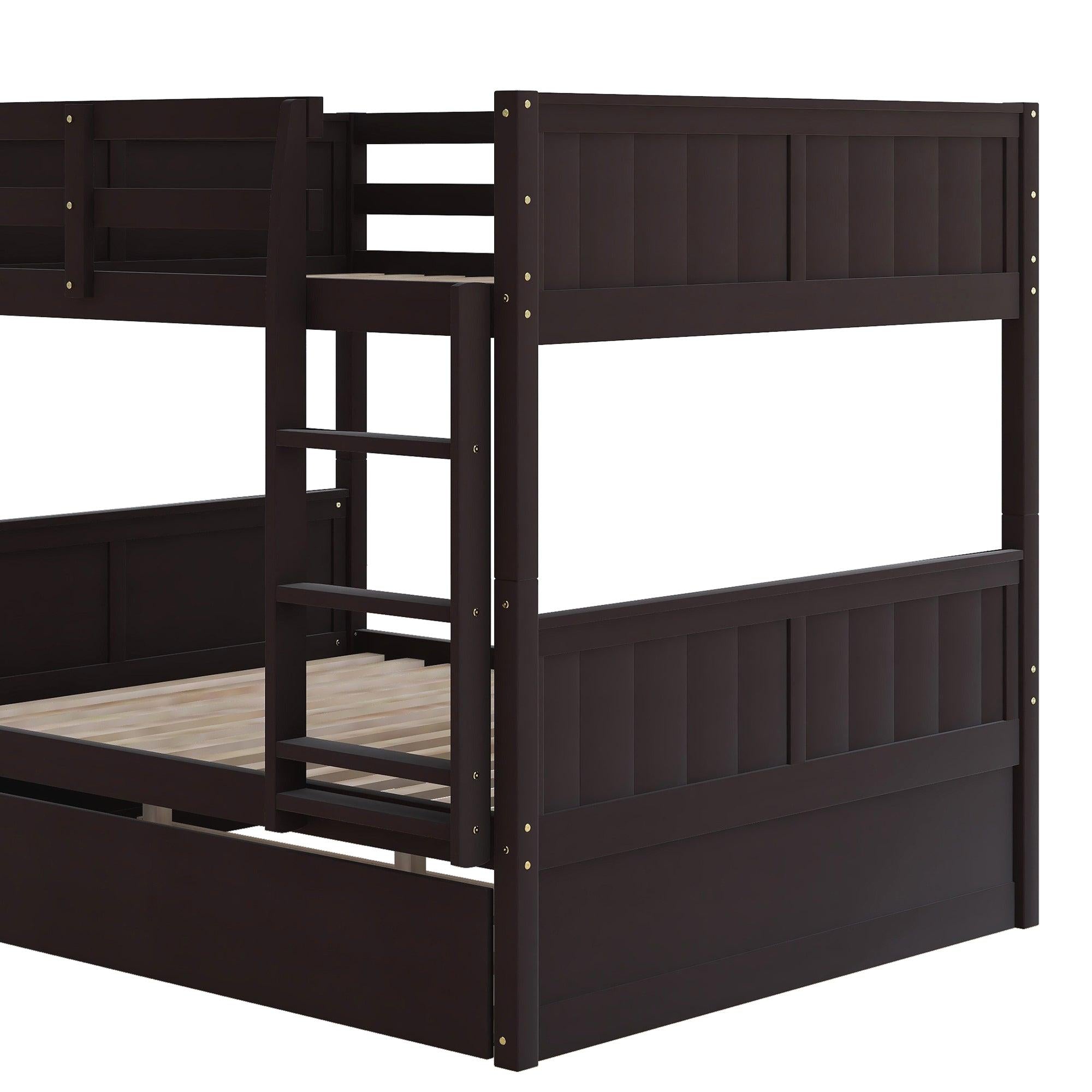 Full Over Full Bunk Bed with Twin Size Trundle, Ladder, Head and Footboard - Espresso