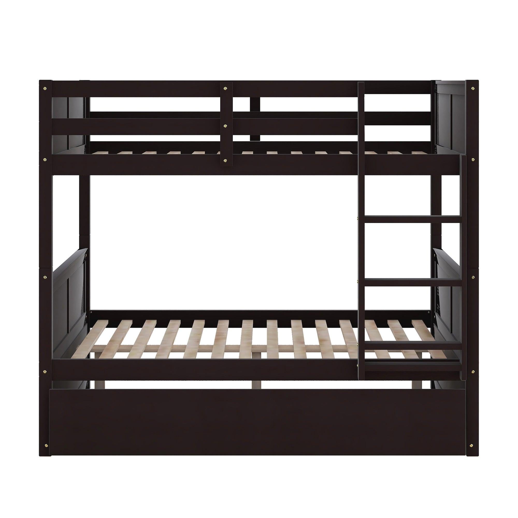 Full Over Full Bunk Bed with Twin Size Trundle, Ladder, Head and Footboard - Espresso