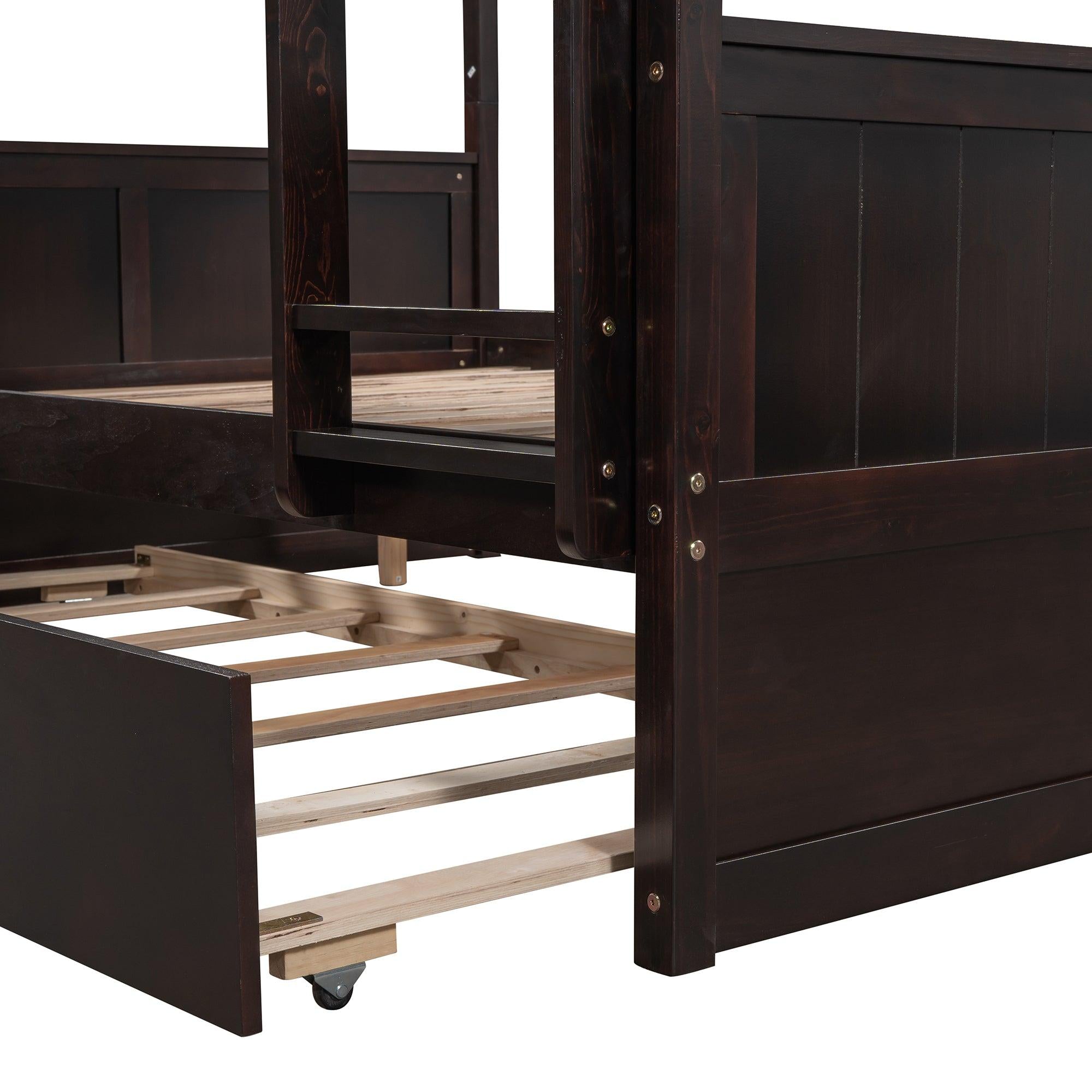 Full Over Full Bunk Bed with Twin Size Trundle, Ladder, Head and Footboard - Espresso