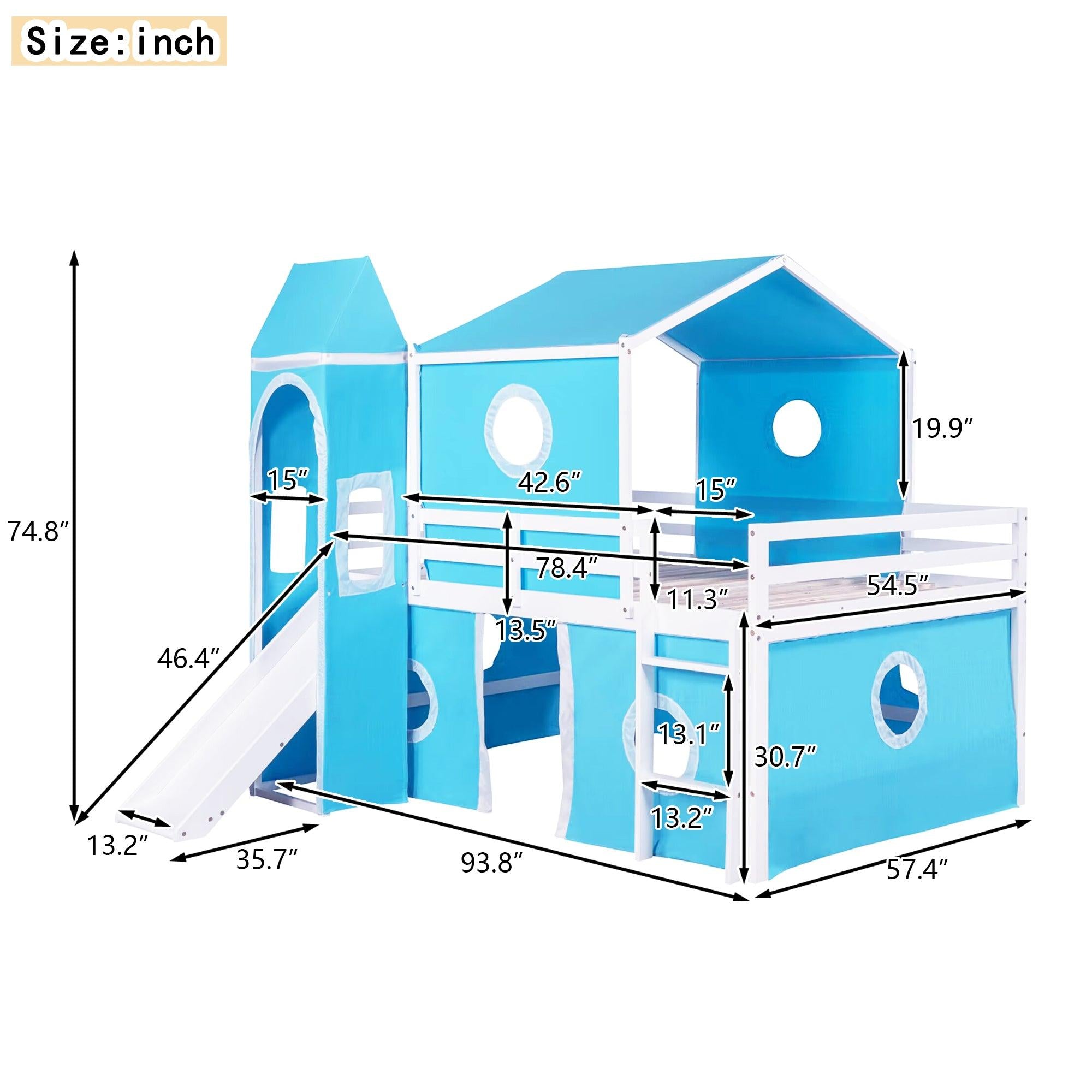 Full over Full House Shaped Bunk Bed with Slide Tent and Tower - Blue