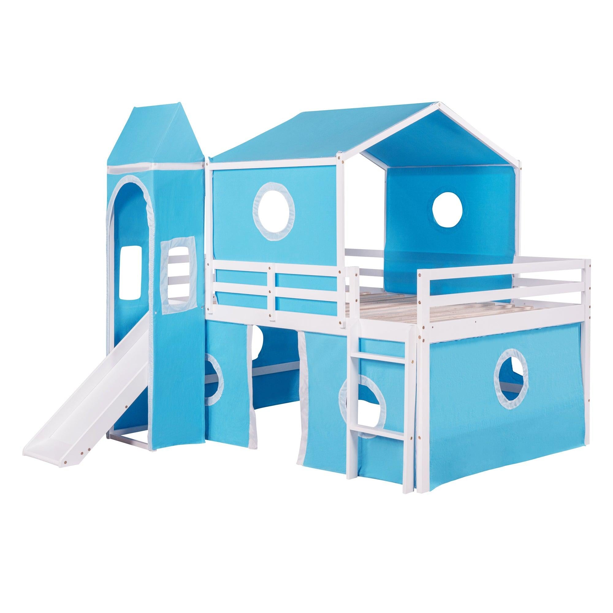 Full over Full House Shaped Bunk Bed with Slide Tent and Tower - Blue