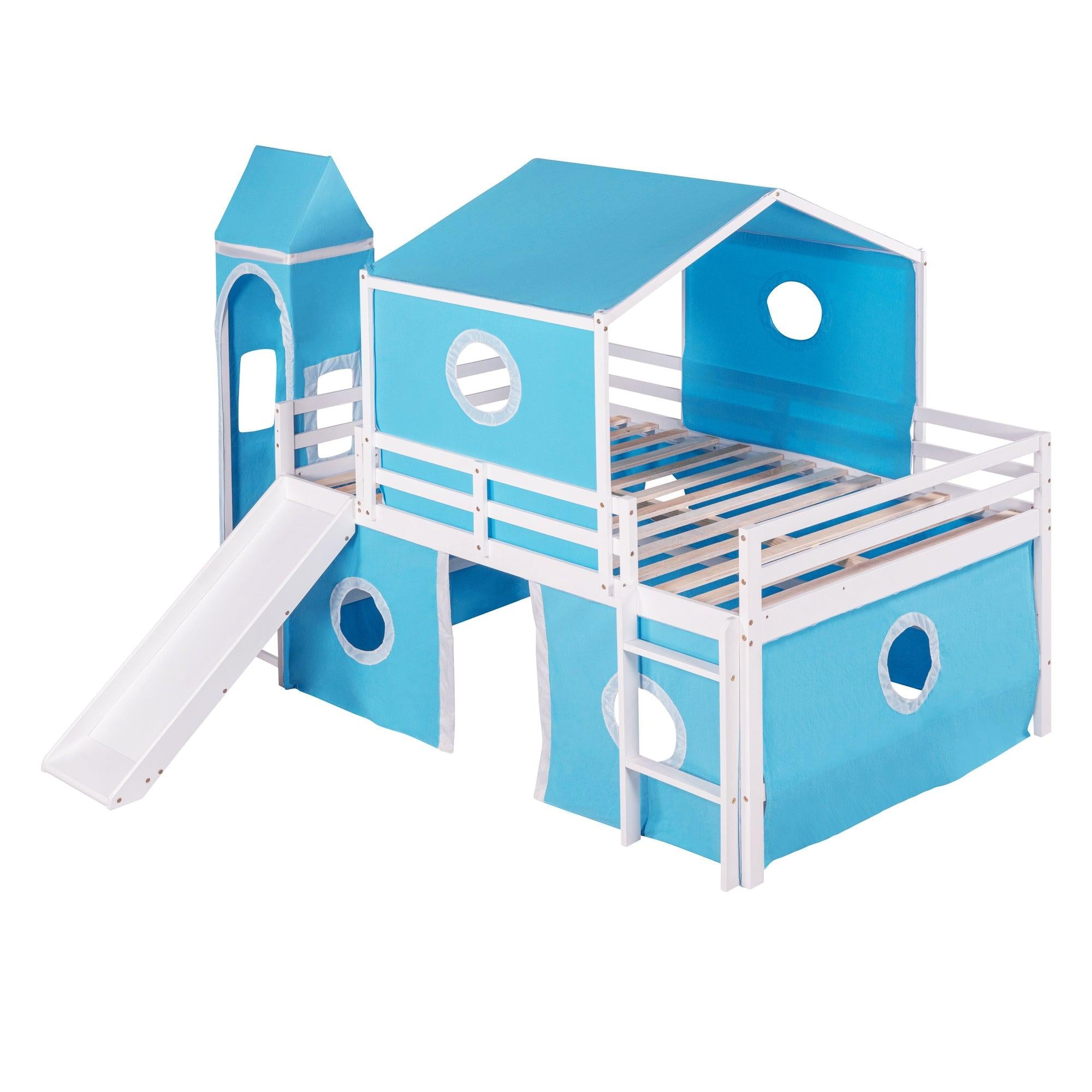 Full over Full House Shaped Bunk Bed with Slide Tent and Tower - Blue