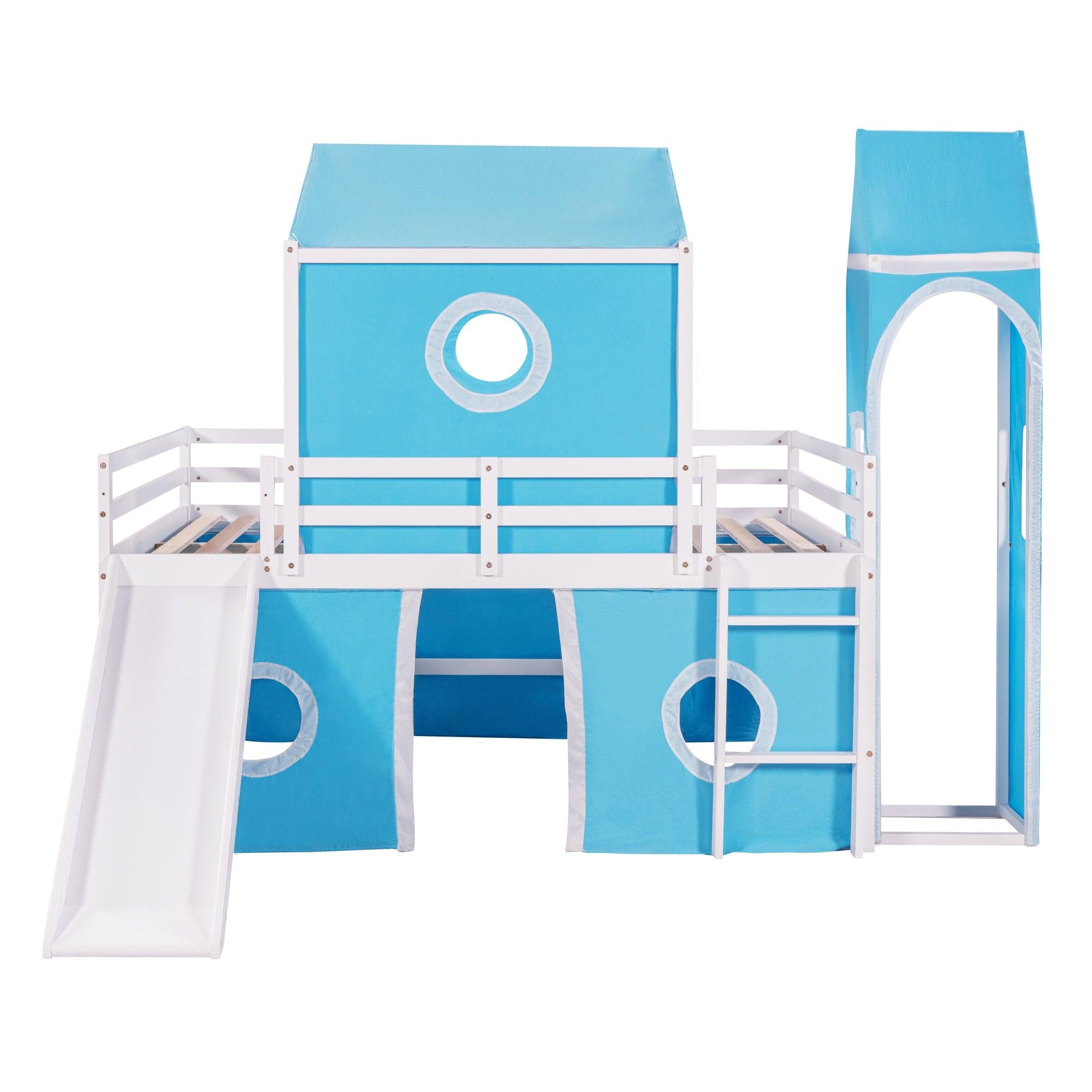 Full over Full House Shaped Bunk Bed with Slide Tent and Tower - Blue