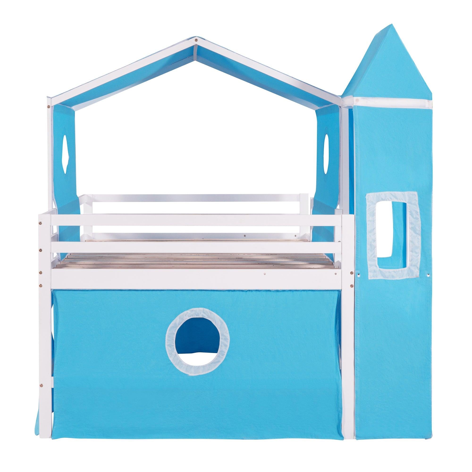 Full over Full House Shaped Bunk Bed with Slide Tent and Tower - Blue