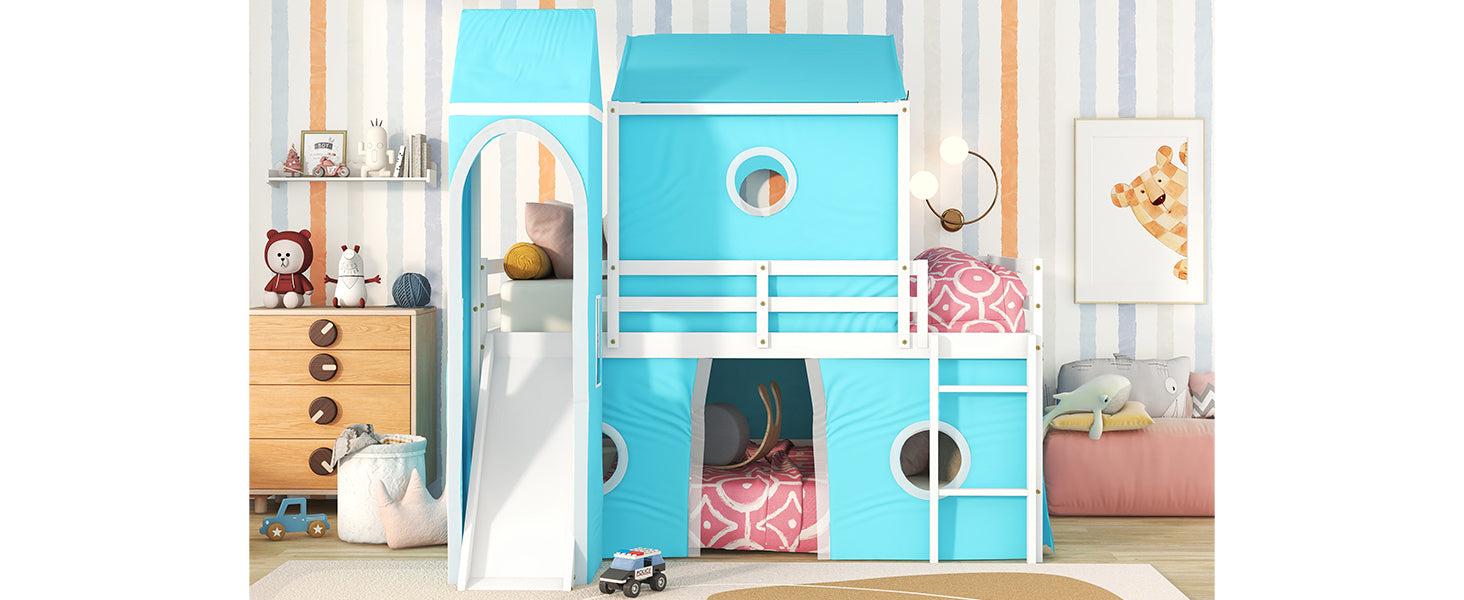 Full over Full House Shaped Bunk Bed with Slide Tent and Tower - Blue