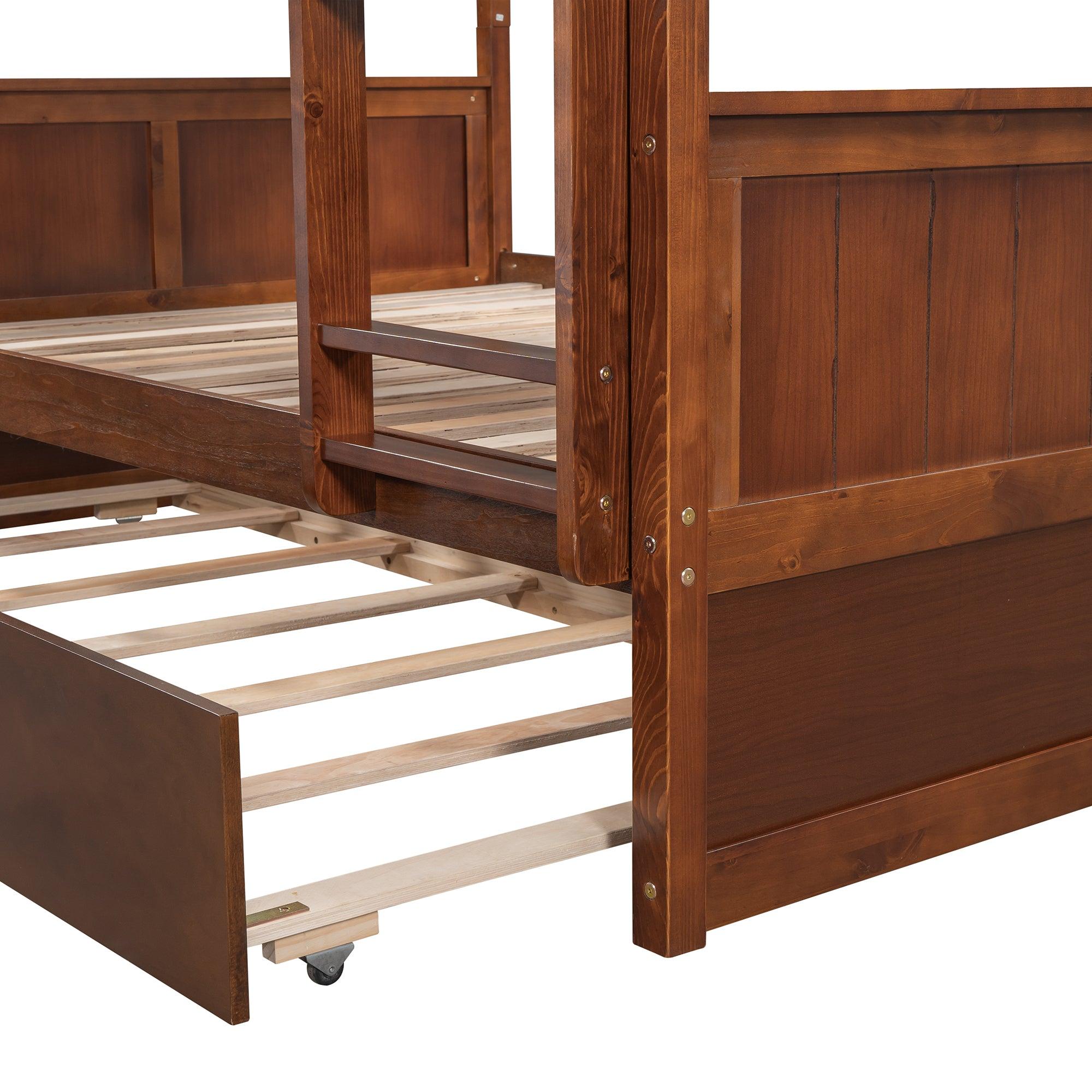 Full Over Full Bunk Bed with Twin Size Trundle, Ladder, Head and Footboard - Walnut