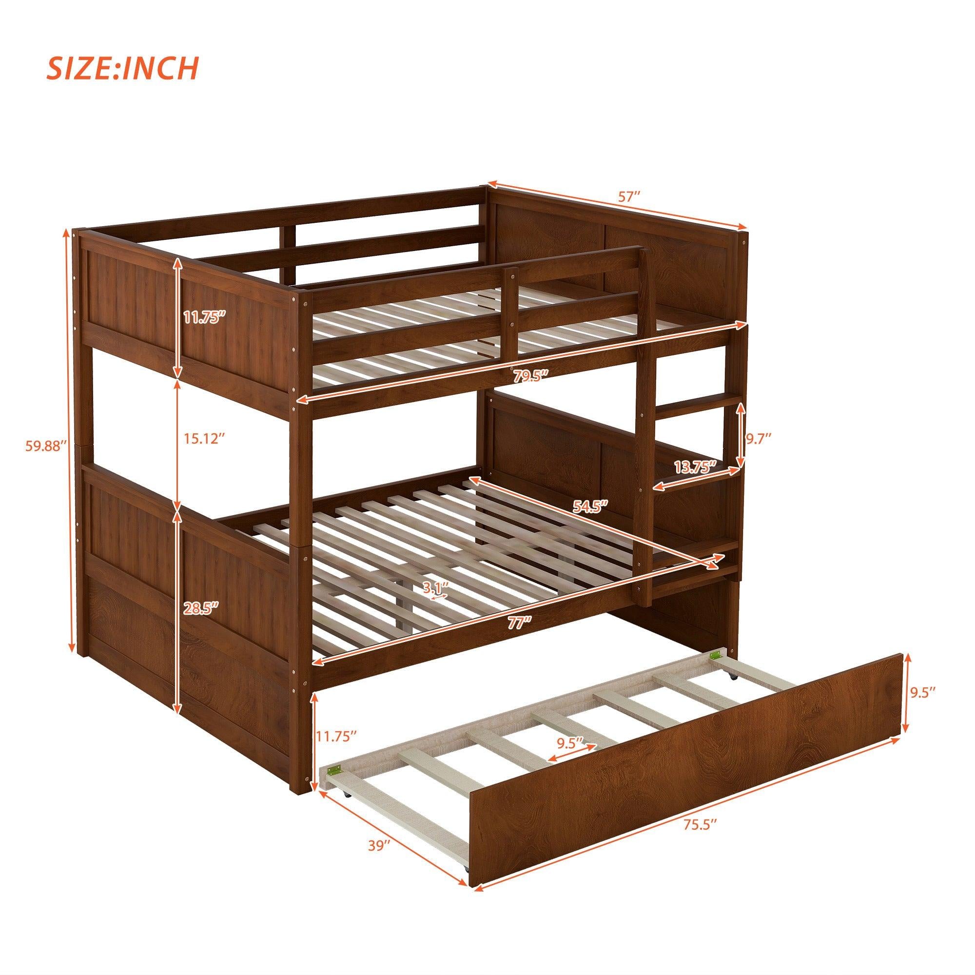 Full Over Full Bunk Bed with Twin Size Trundle, Ladder, Head and Footboard - Walnut