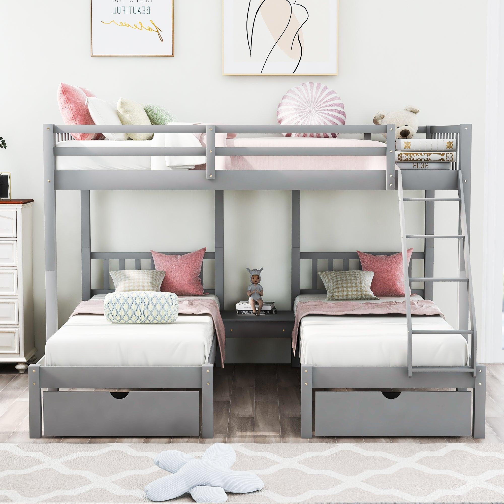 Full Over Twin and  Twin Bunk Bed with Drawers and Guardrails - Gray