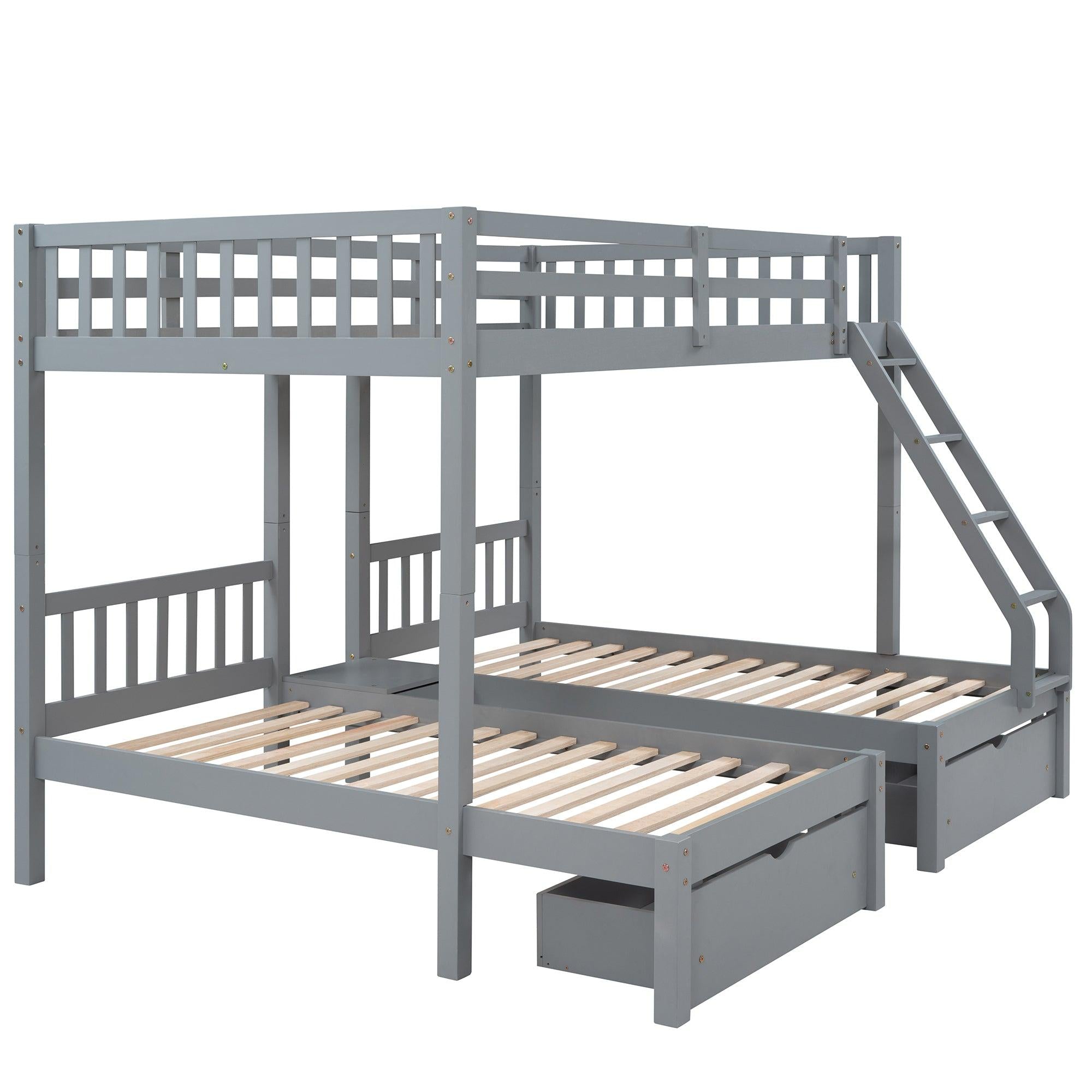 Full Over Twin and  Twin Bunk Bed with Drawers and Guardrails - Gray