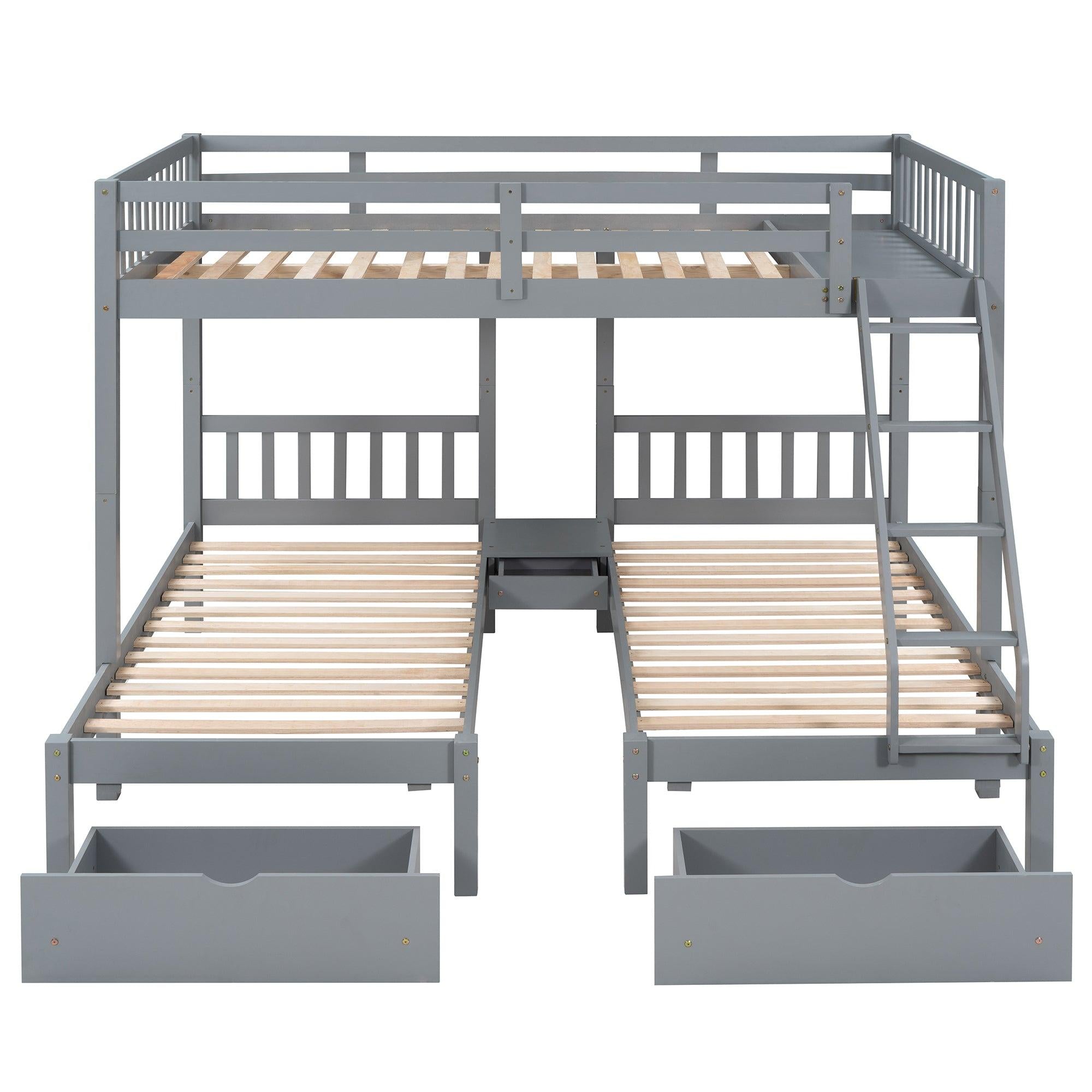 Full Over Twin and  Twin Bunk Bed with Drawers and Guardrails - Gray