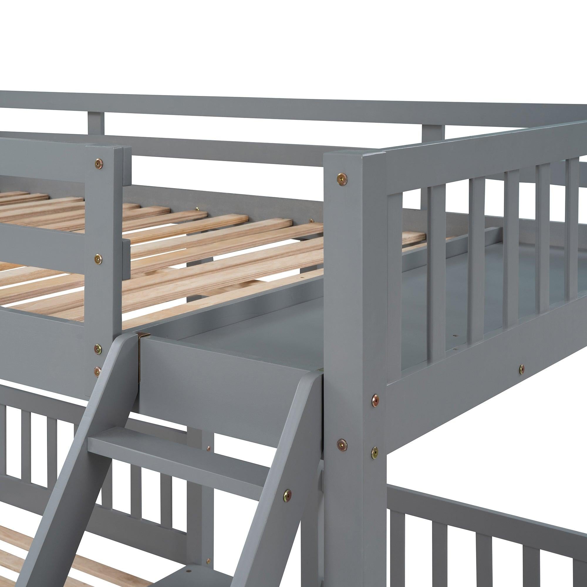 Full Over Twin and  Twin Bunk Bed with Drawers and Guardrails - Gray