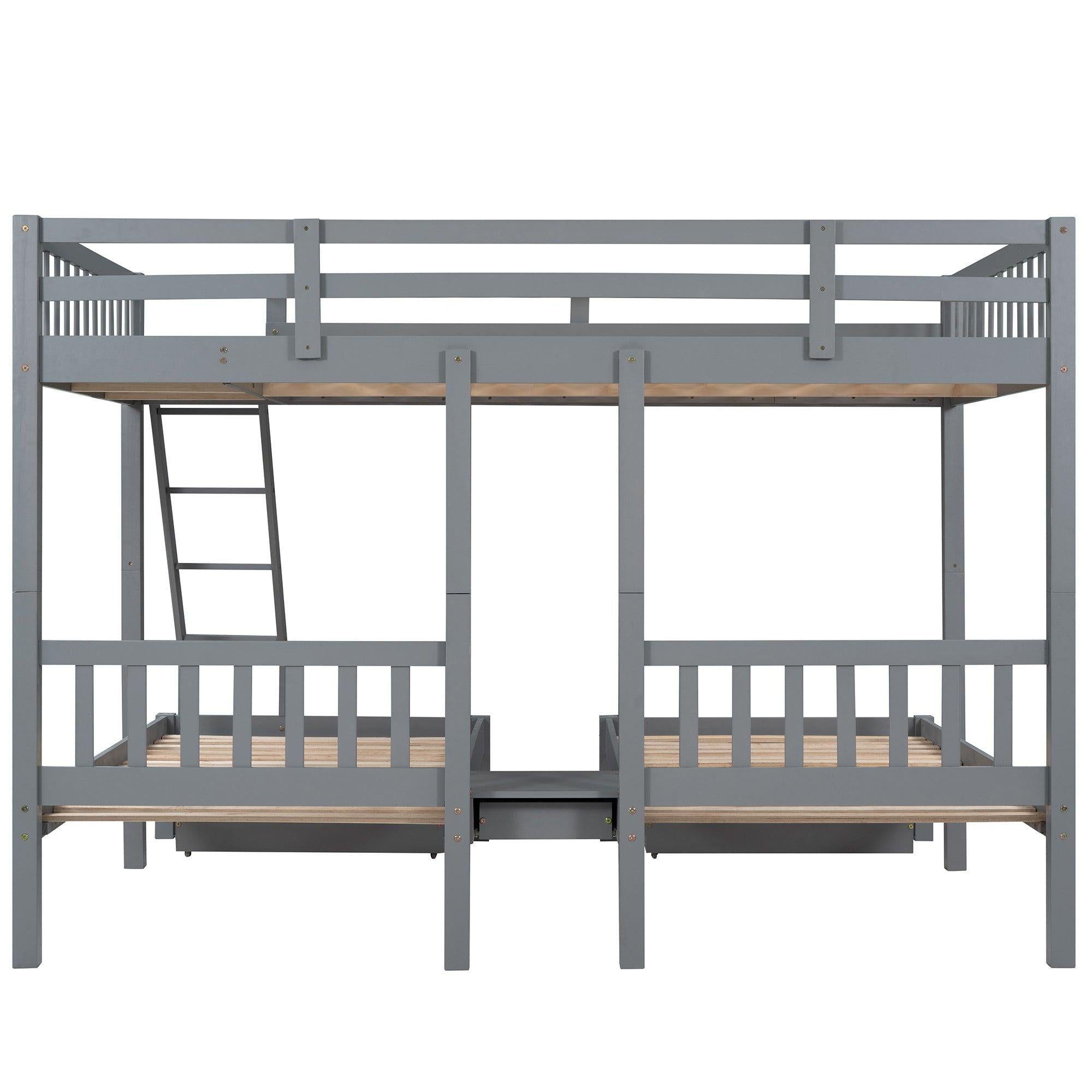 Full Over Twin and  Twin Bunk Bed with Drawers and Guardrails - Gray