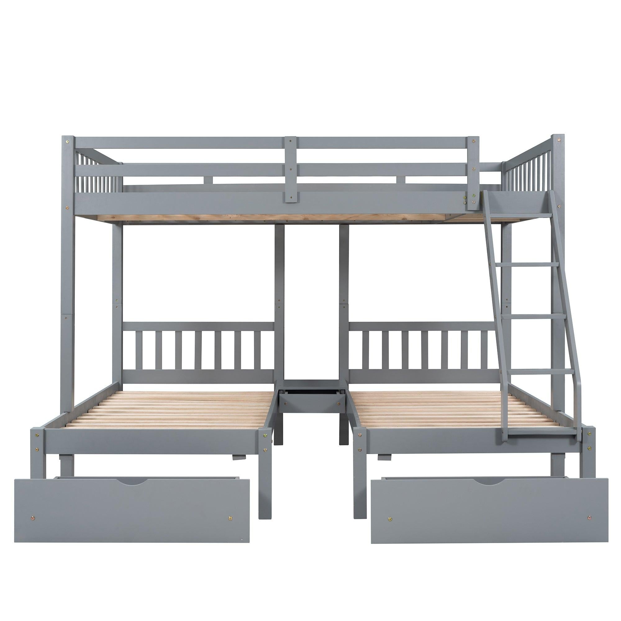 Full Over Twin and  Twin Bunk Bed with Drawers and Guardrails - Gray