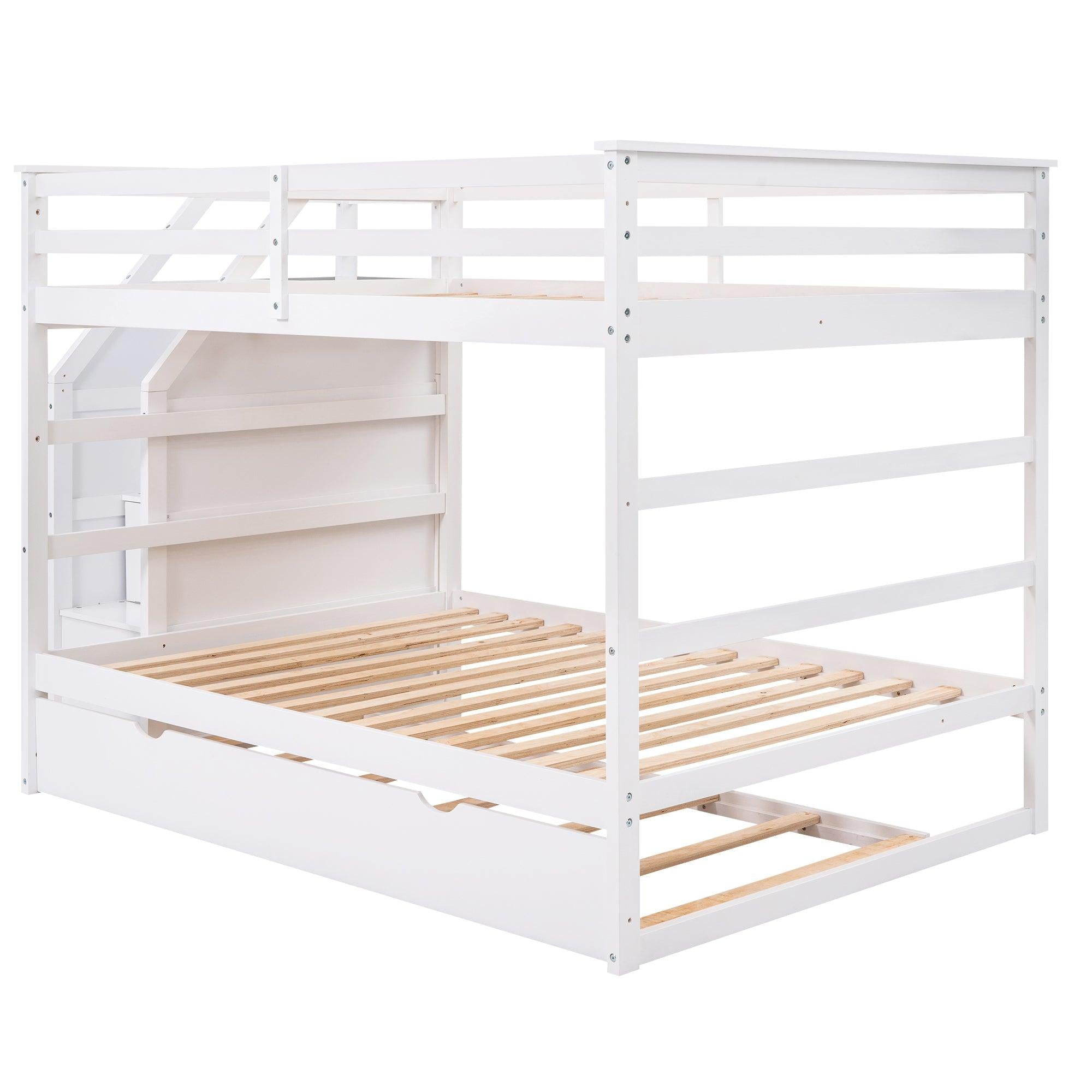 Full over Full Bunk Bed withStorage Staircase and Twin Size Trundle Bed - White