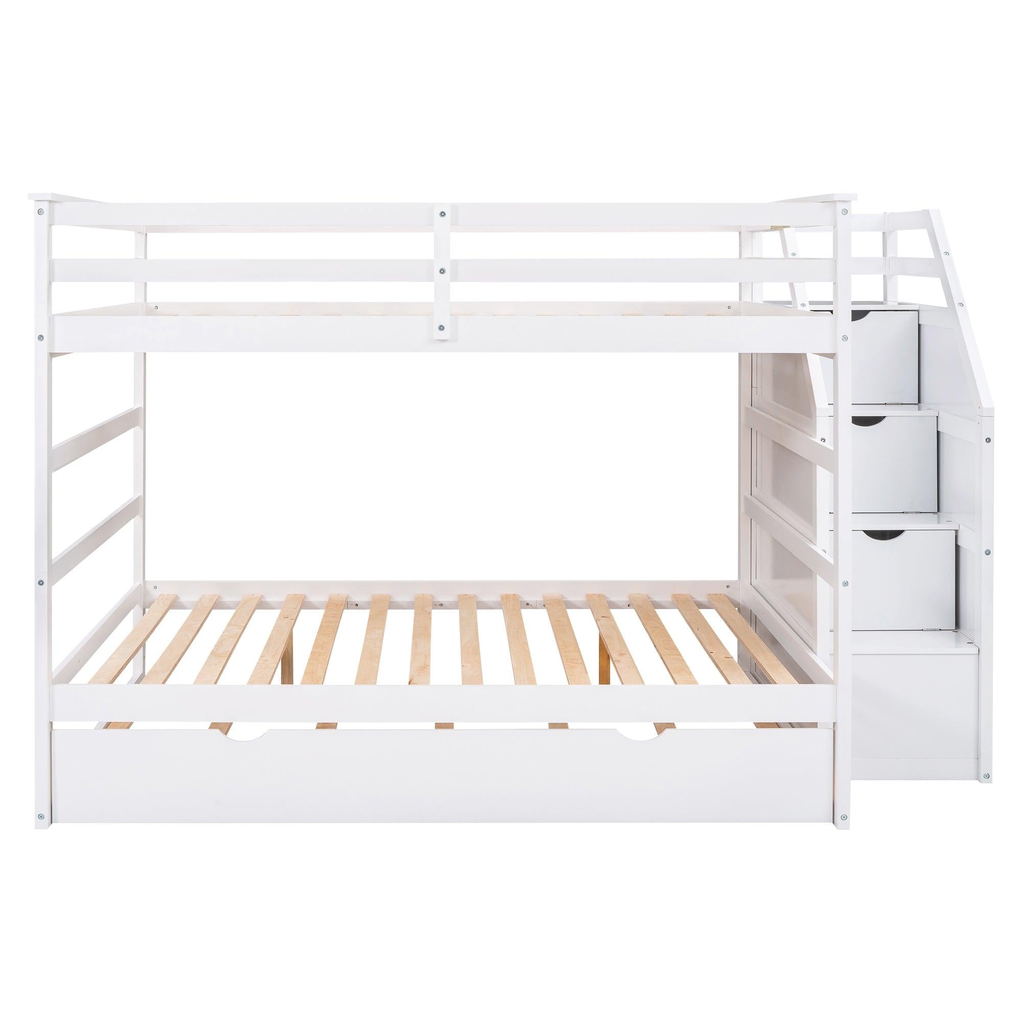 Full over Full Bunk Bed withStorage Staircase and Twin Size Trundle Bed - White