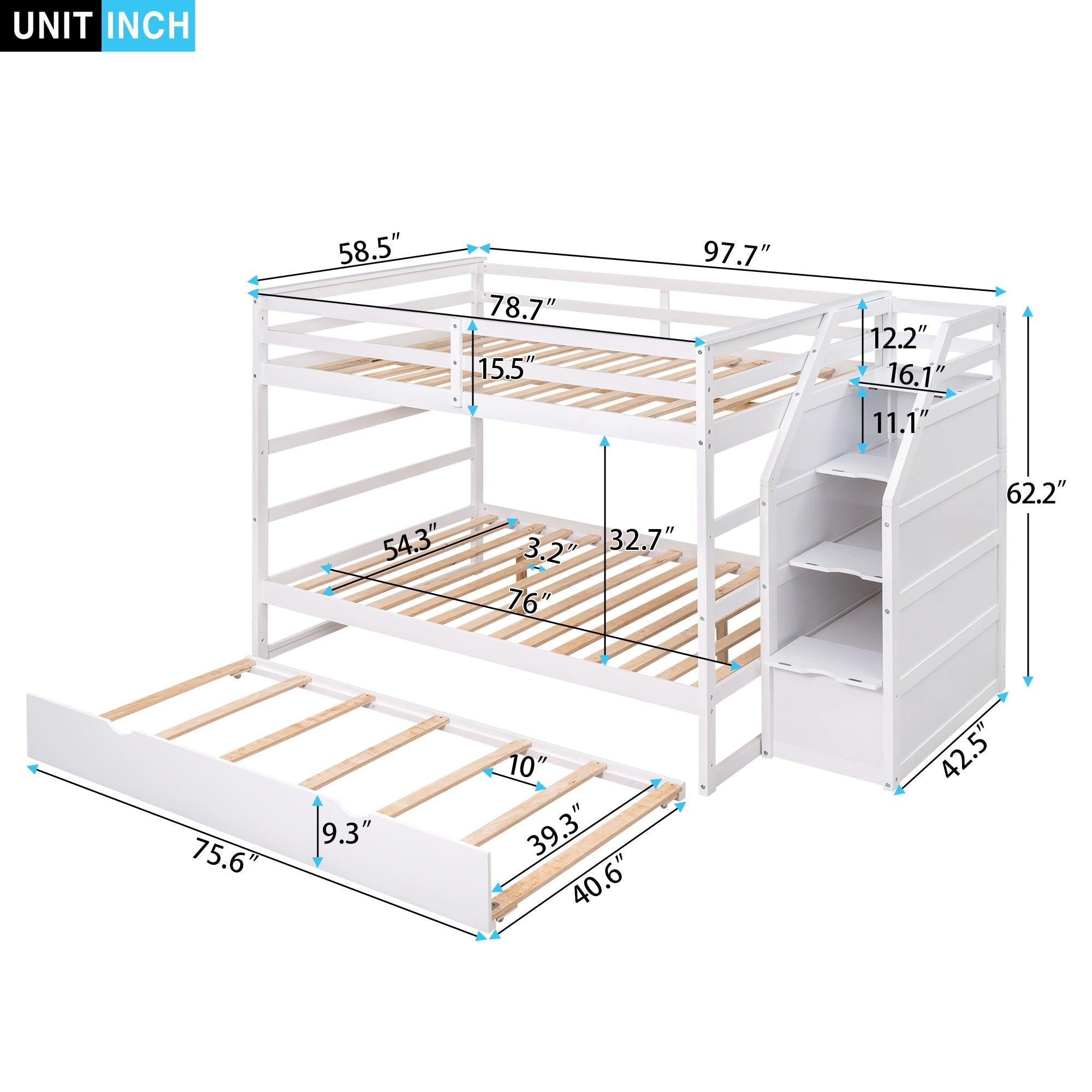 Full over Full Bunk Bed withStorage Staircase and Twin Size Trundle Bed - White