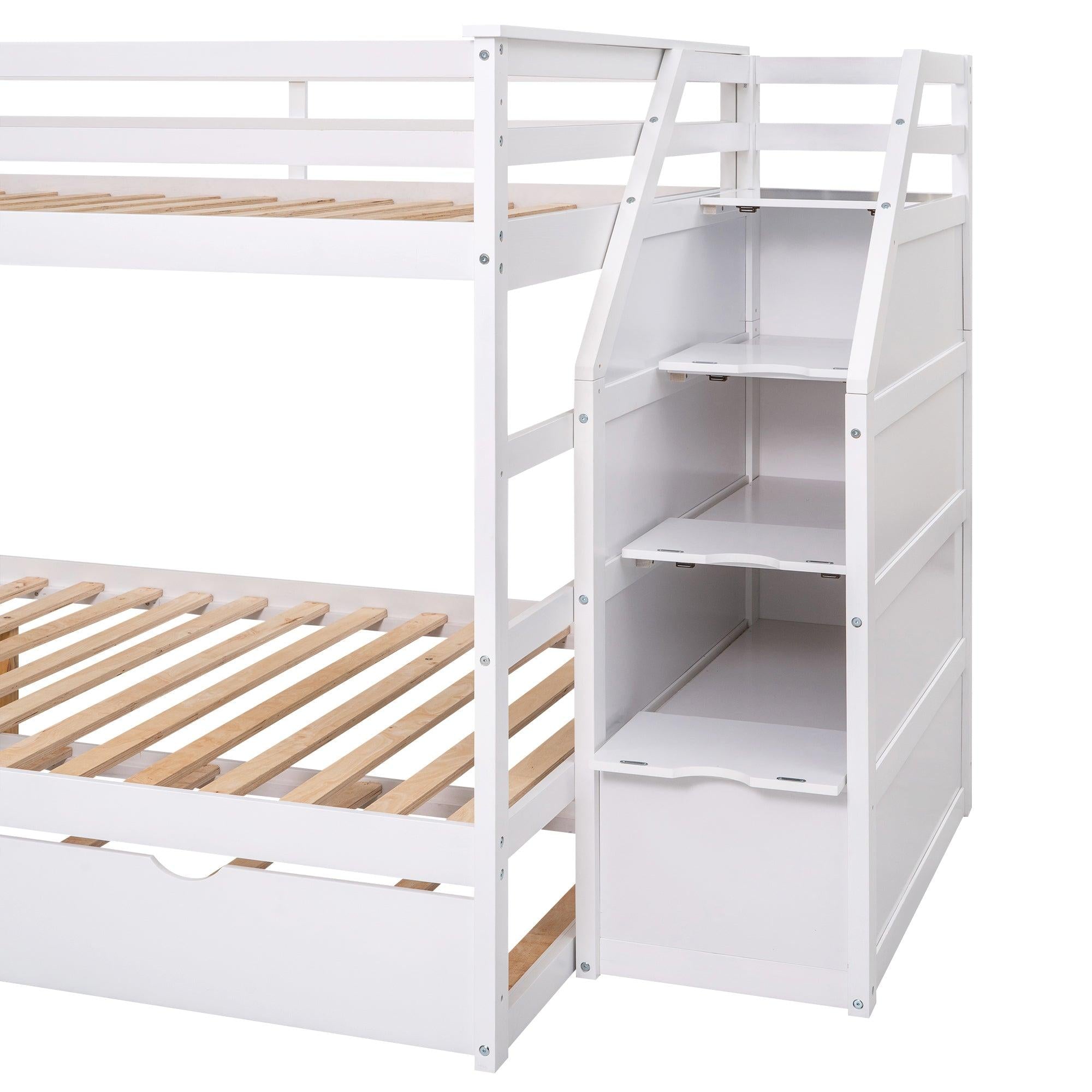 Full over Full Bunk Bed withStorage Staircase and Twin Size Trundle Bed - White