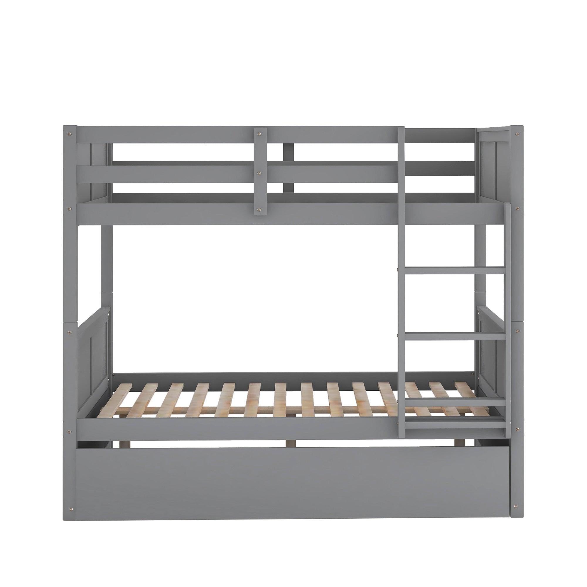 Full Over Full Bunk Bed with Twin Size Trundle, Ladder, Head and Footboard - Gray