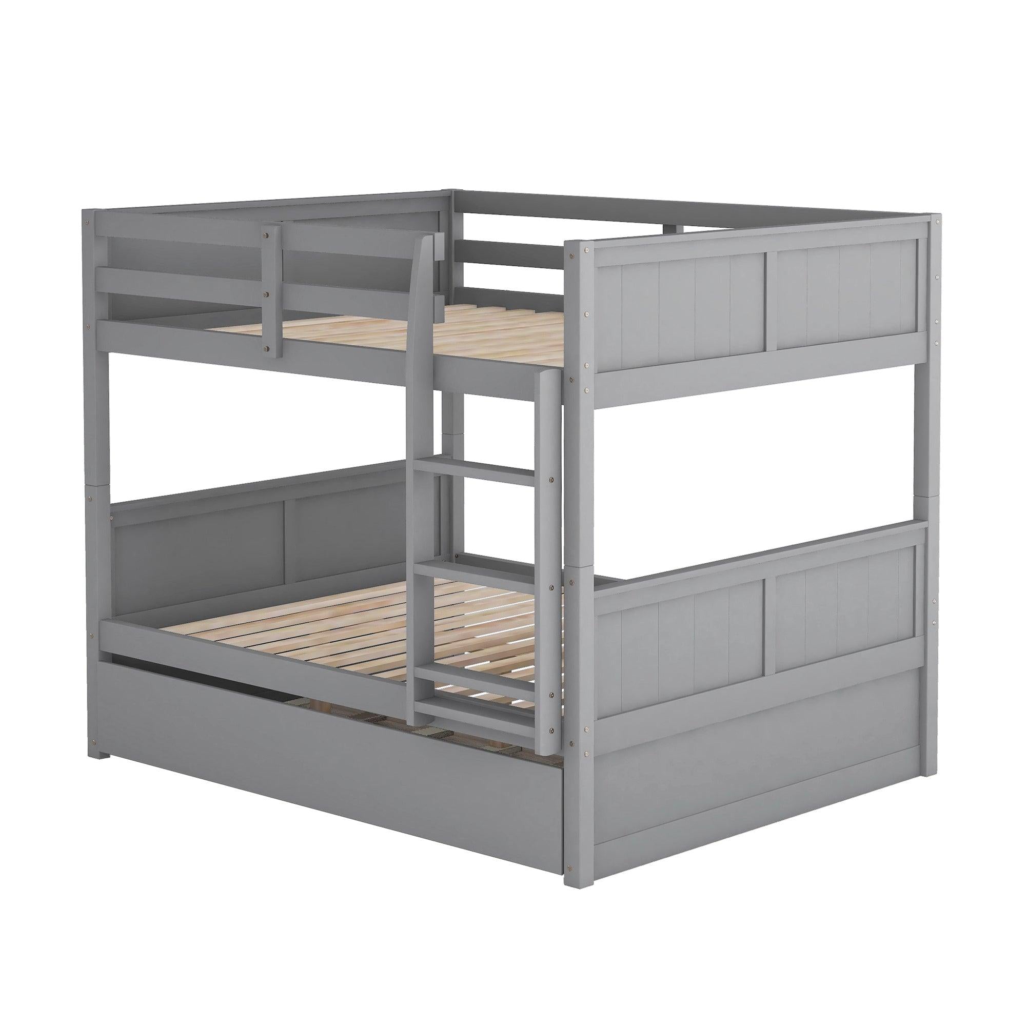 Full Over Full Bunk Bed with Twin Size Trundle, Ladder, Head and Footboard - Gray