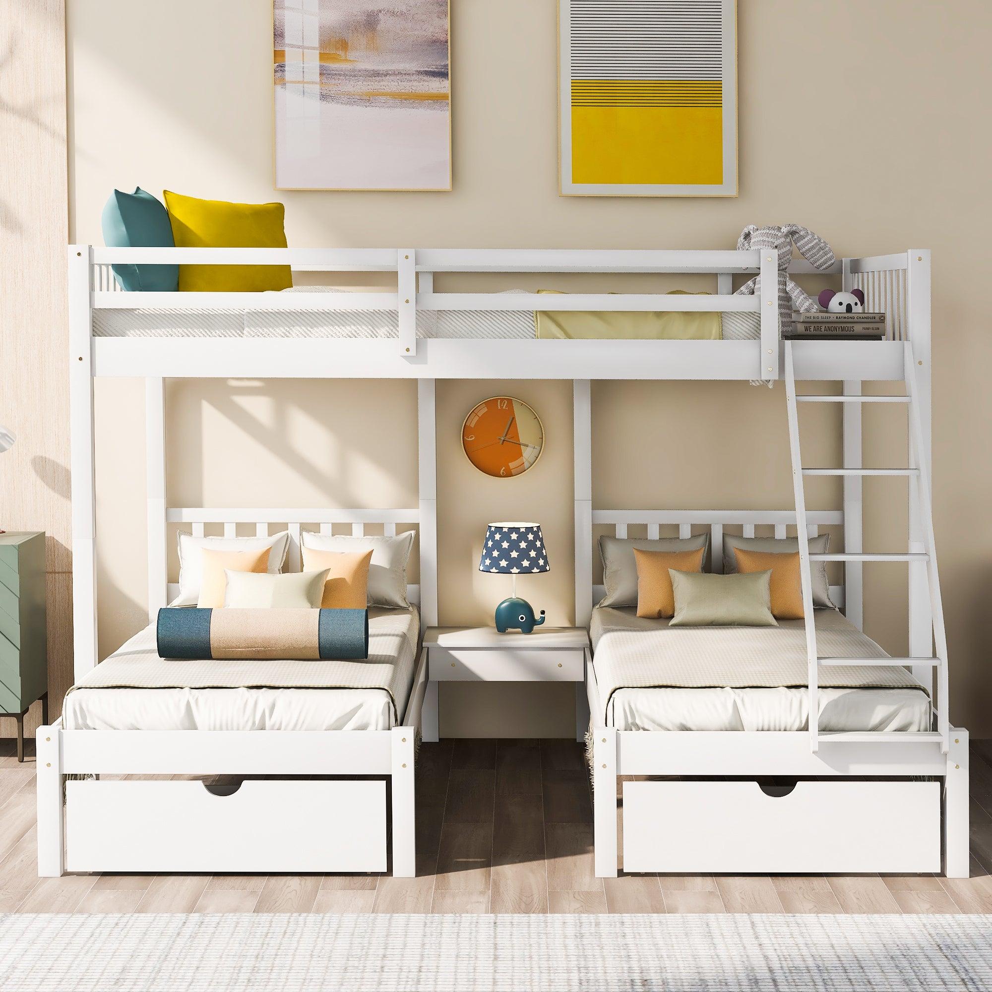 Full Over Twin and  Twin Bunk Bed with Drawers and Guardrails - White