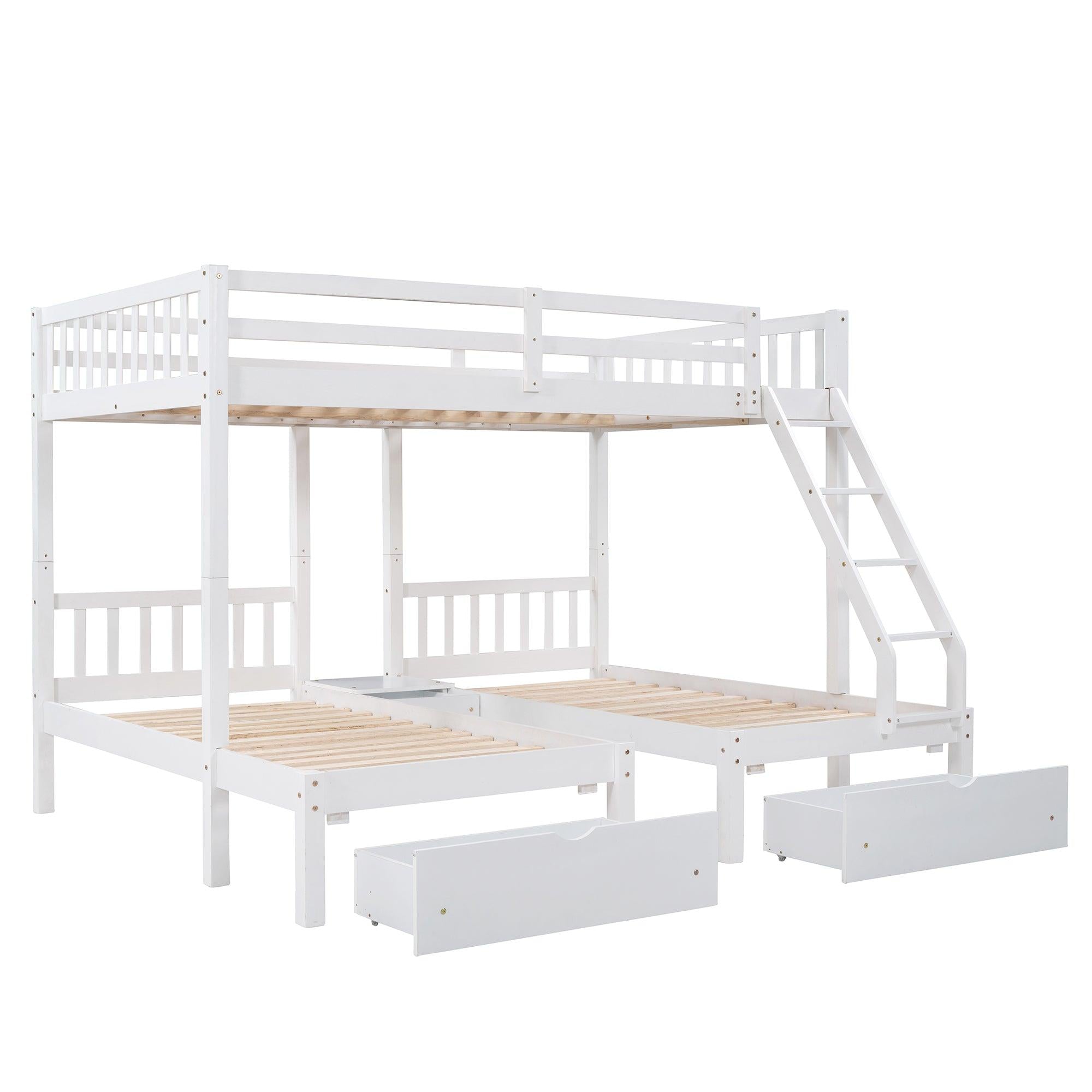 Full Over Twin and  Twin Bunk Bed with Drawers and Guardrails - White