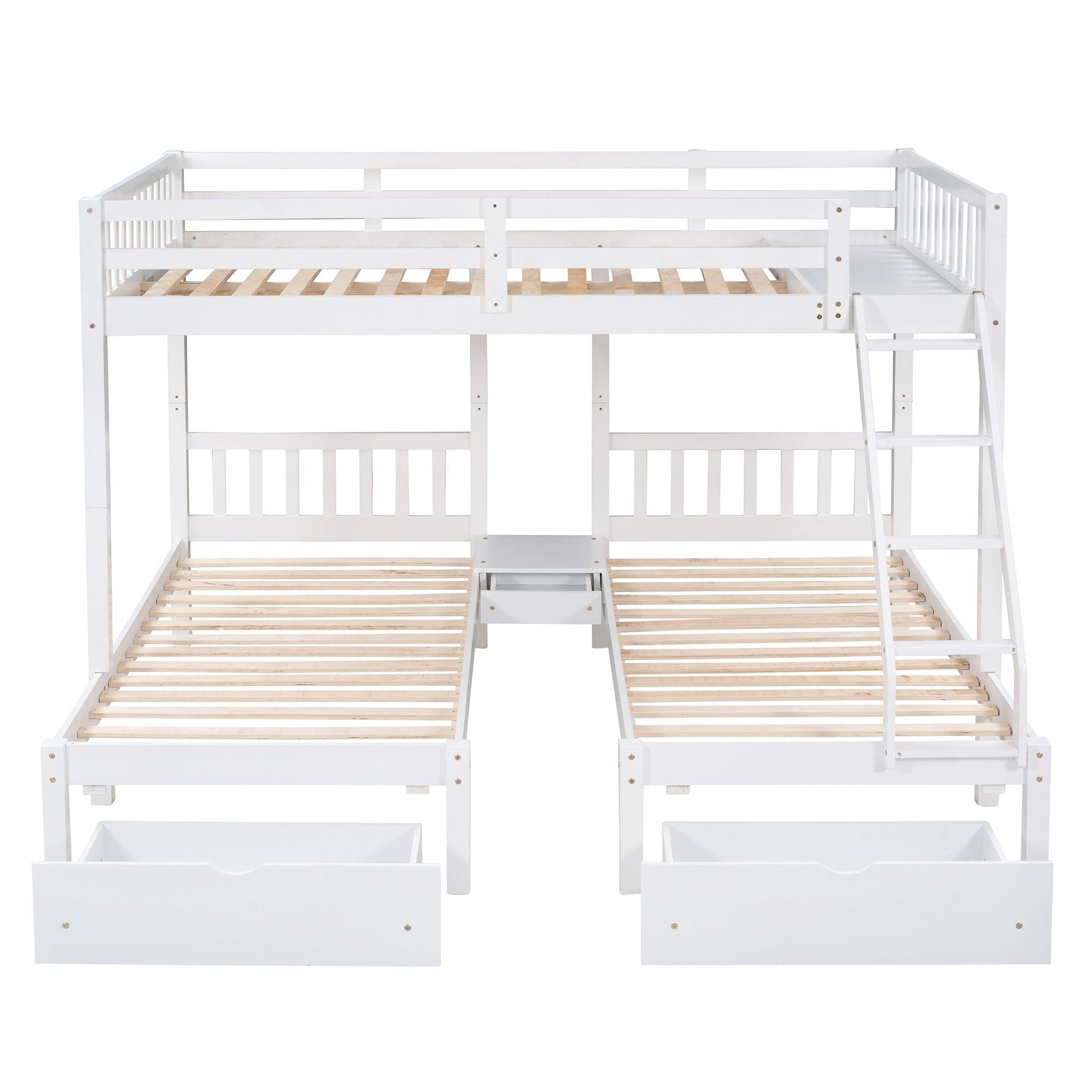 Full Over Twin and  Twin Bunk Bed with Drawers and Guardrails - White