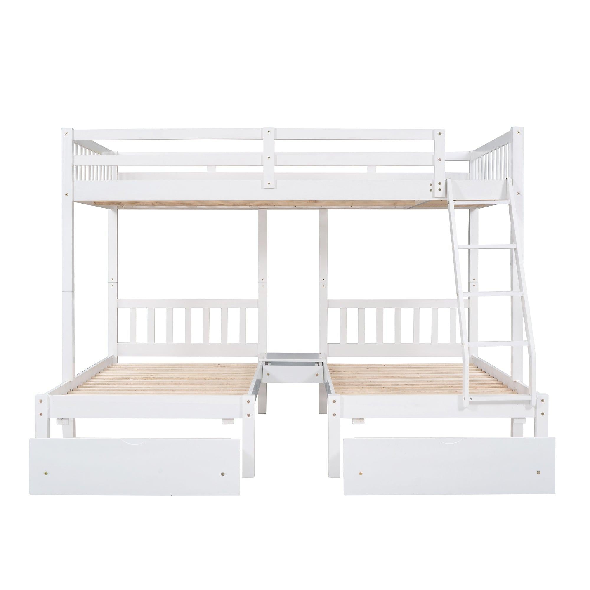 Full Over Twin and  Twin Bunk Bed with Drawers and Guardrails - White