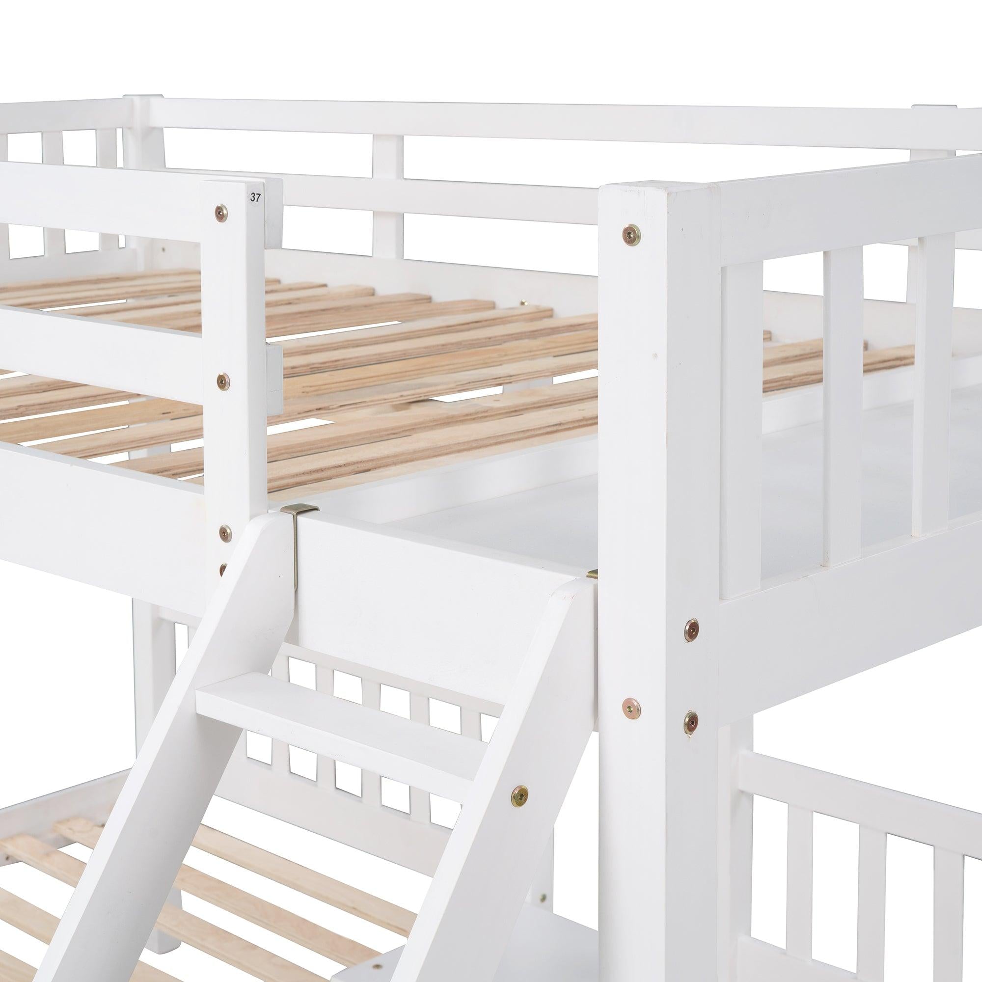 Full Over Twin and  Twin Bunk Bed with Drawers and Guardrails - White