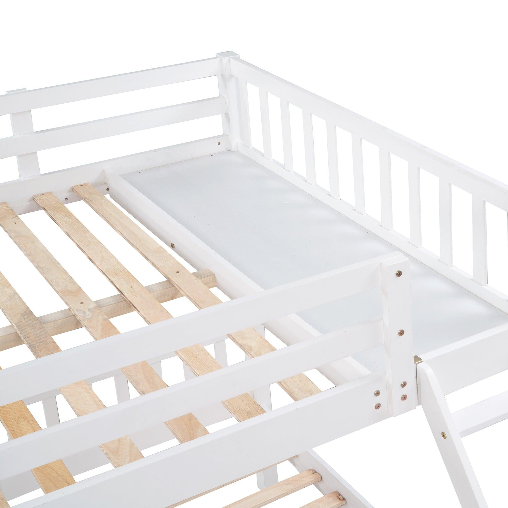 Full Over Twin and  Twin Bunk Bed with Drawers and Guardrails - White