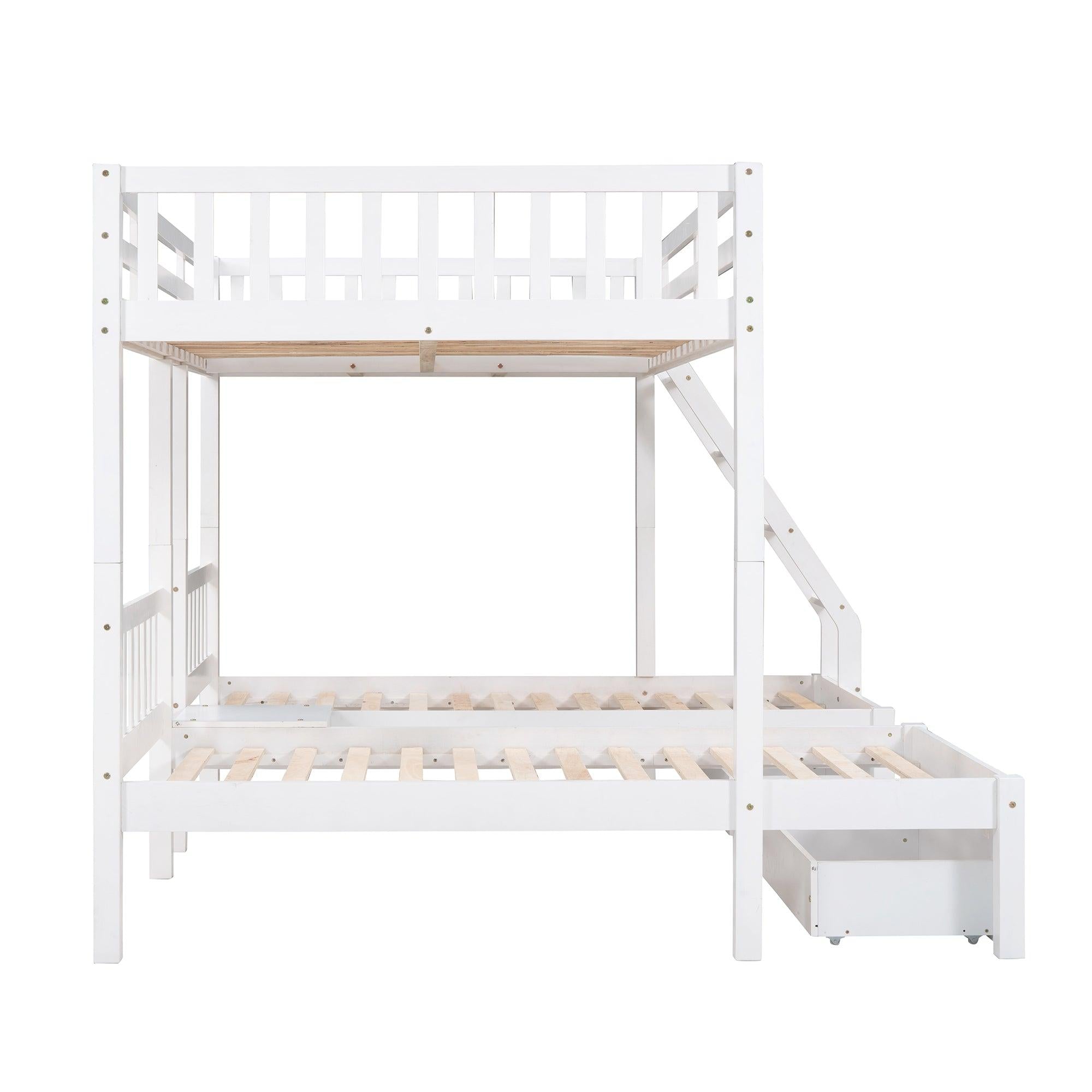 Full Over Twin and  Twin Bunk Bed with Drawers and Guardrails - White