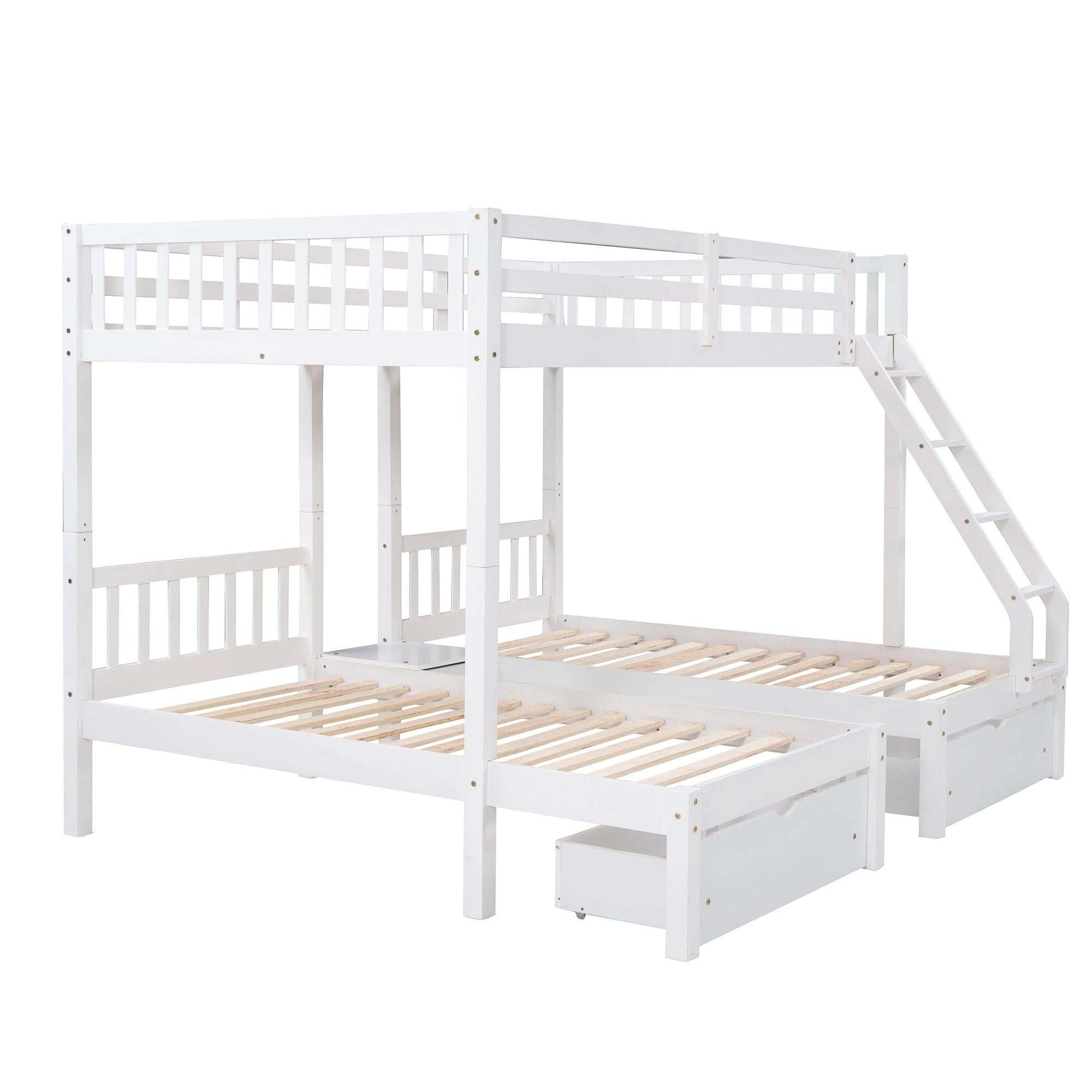 Full Over Twin and  Twin Bunk Bed with Drawers and Guardrails - White