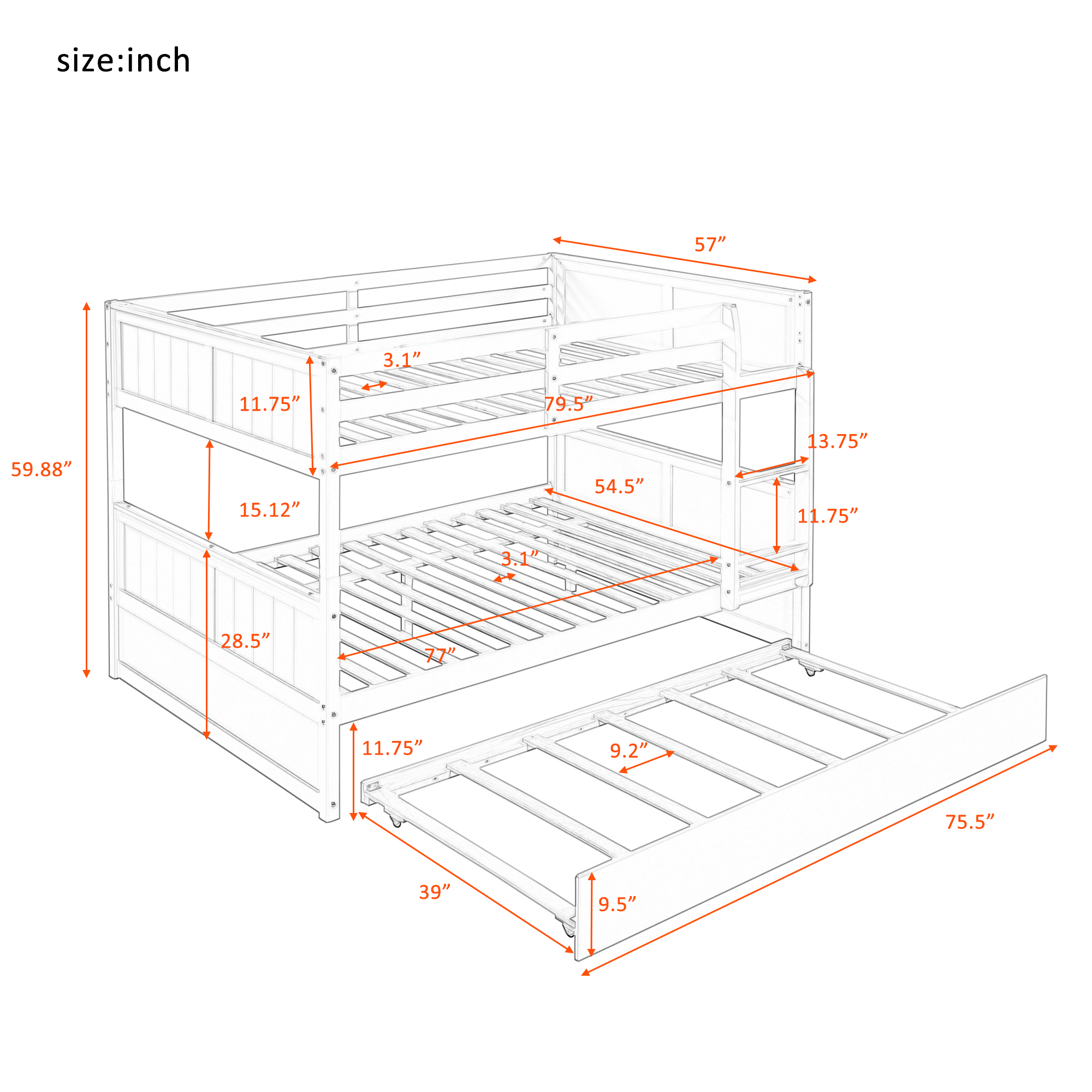 Full Over Full Bunk Bed with Twin Size Trundle - Gray